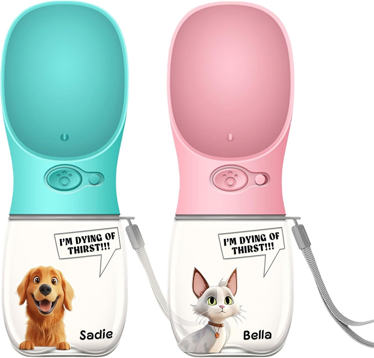 Personalized Dog Water Bottle - Custom 3D Cartoon Pet & Name, Portable Leak Proof Water Dispenser with Drinking Feeder, Dogs Cats Travel Walking Hiking Gifts for Pet Owners