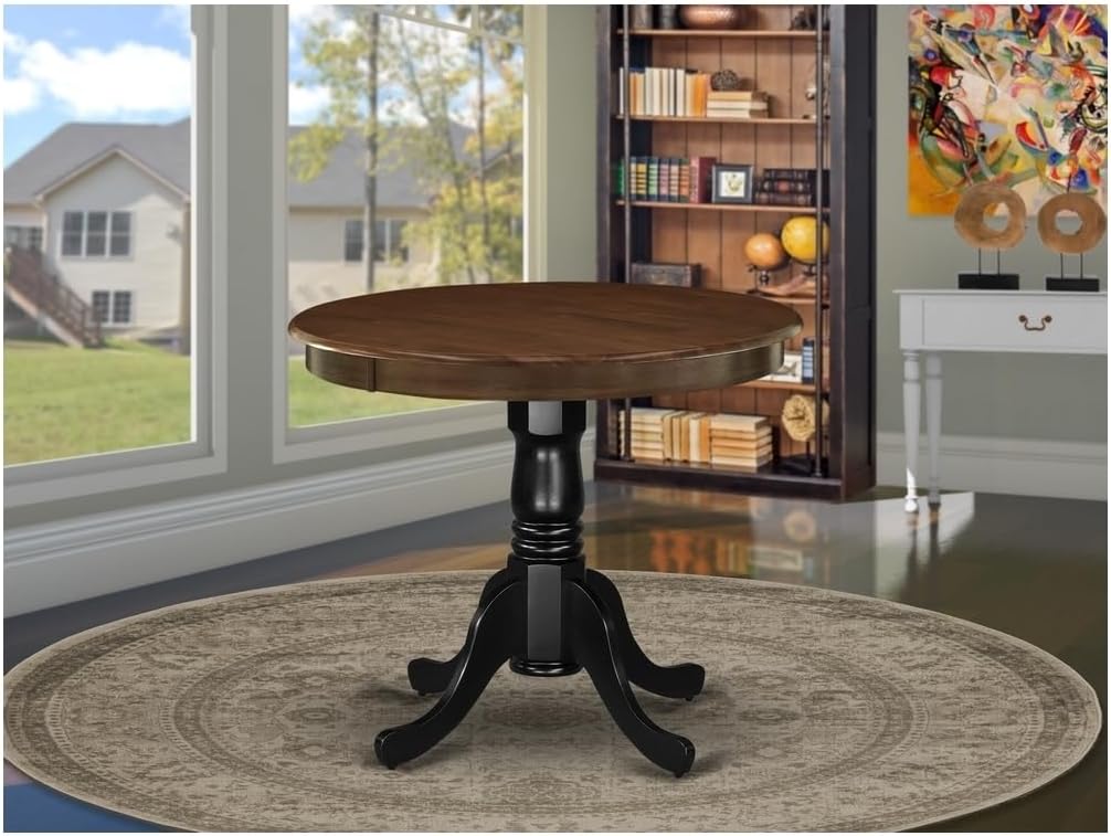 HomeStock Island Oasis Antique Dining Table Made of Rubber Wood Offering Walnut Finish Table Top, 36 Inch Round, Wirebrushed Black Pedestal