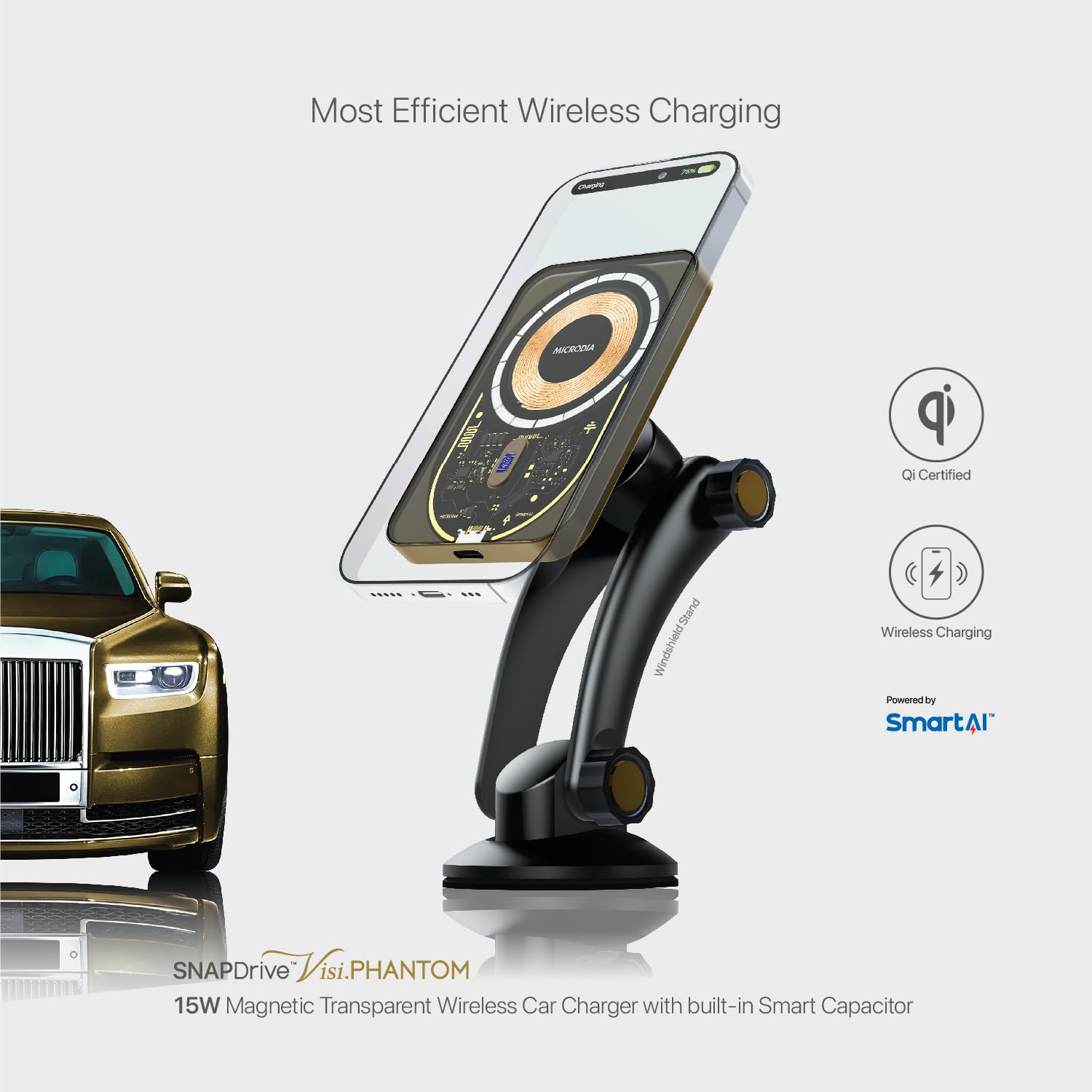 Microdia SNAPDrive Visi.Phantom ultra cienki uchwyt samochodowy do iPhone'a z magnetyczną ładowarką bezprzewodową 15 W, wbudowany inteligentny kondensator do iPhone'a 15/15 Plus/15 Pro/15 Pro Max,