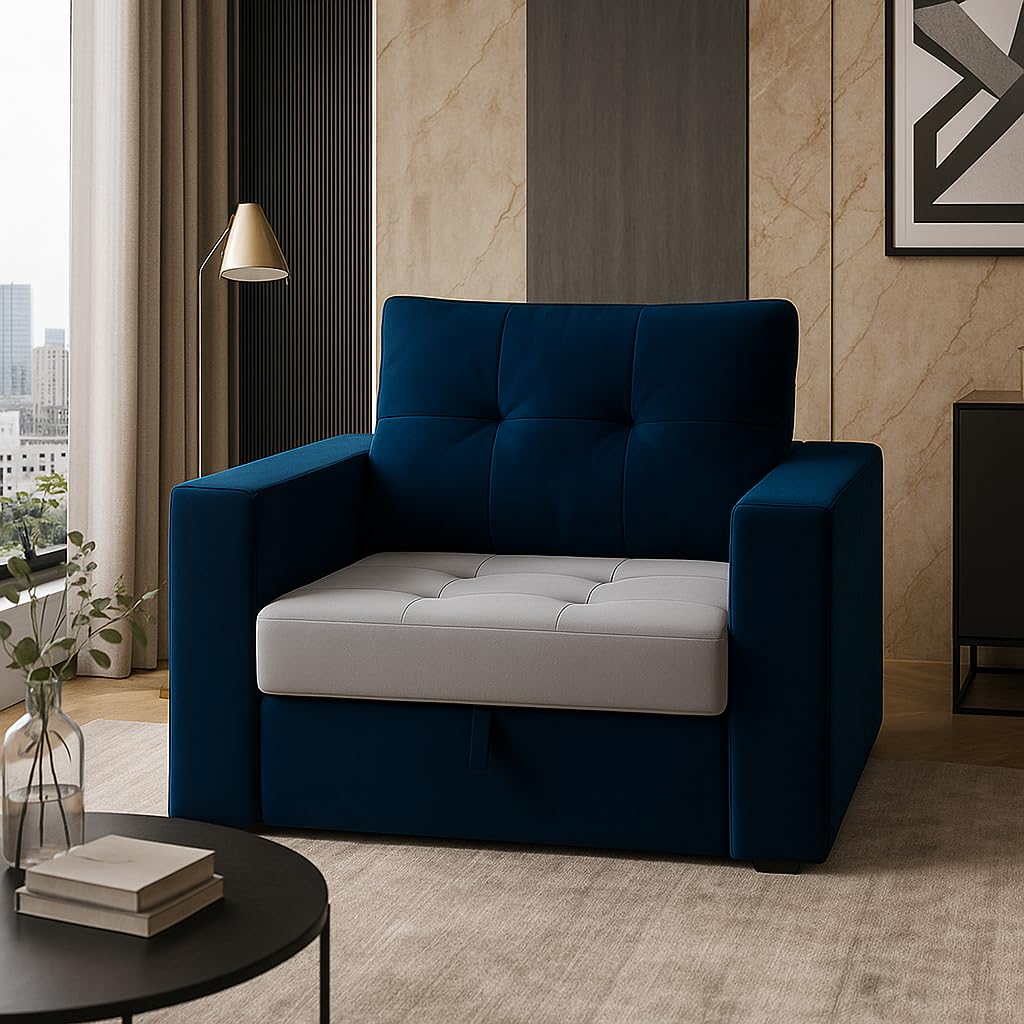 Nestro 1 Seater Sofa Cum Bed for Bedroom | Soft Velvet Suede Fabric | Color Light Grey-Blue | Modern Design | Plush Comfort Cushions for Living Room-image-2