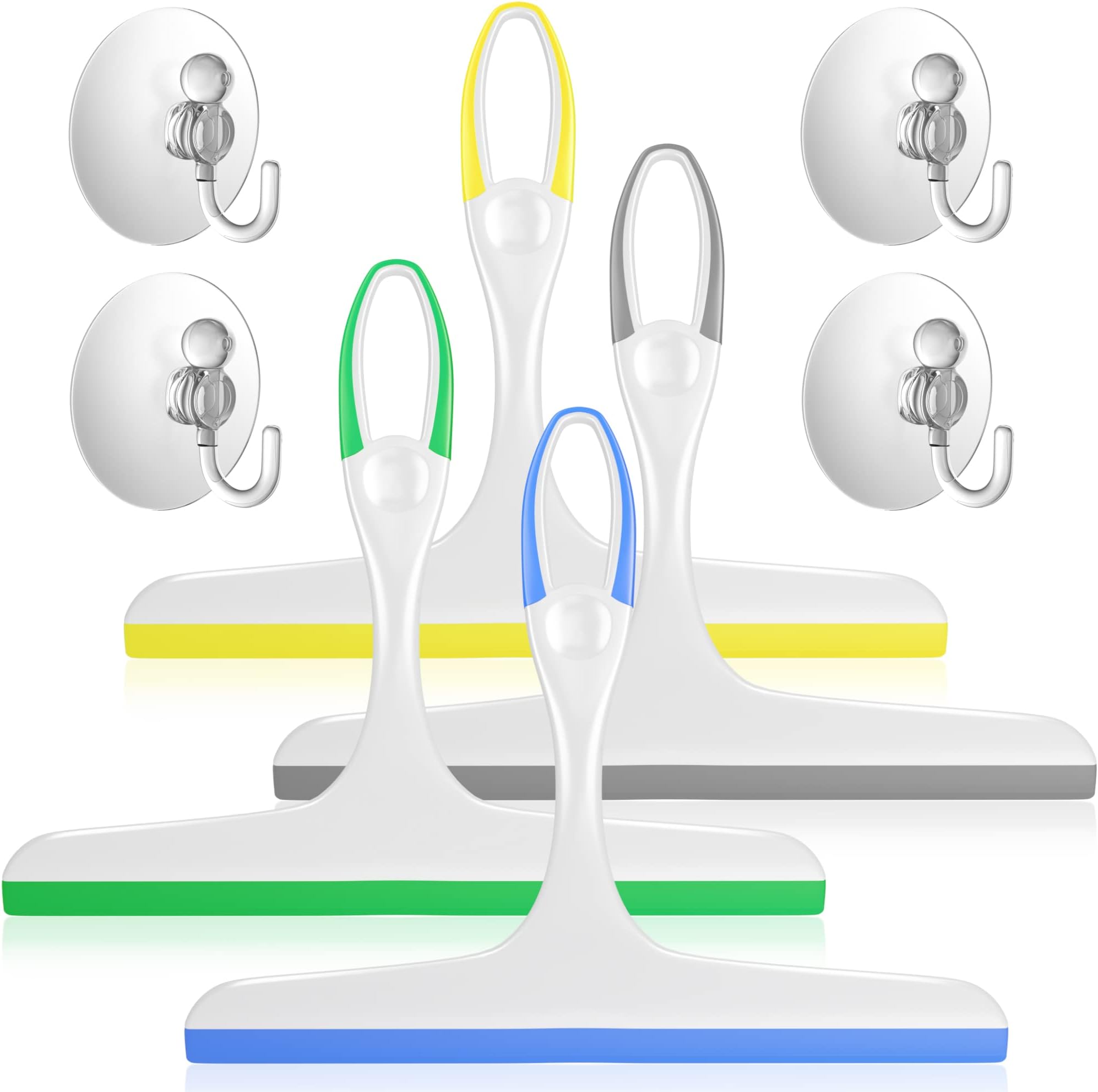 DilaBee Silicone Squeegee for Shower Glass Doors, Window, Car Windshield - 4 Pack - Multi-Purpose Household Cleaning Wiper Tool with Suction Hook - Multicolor