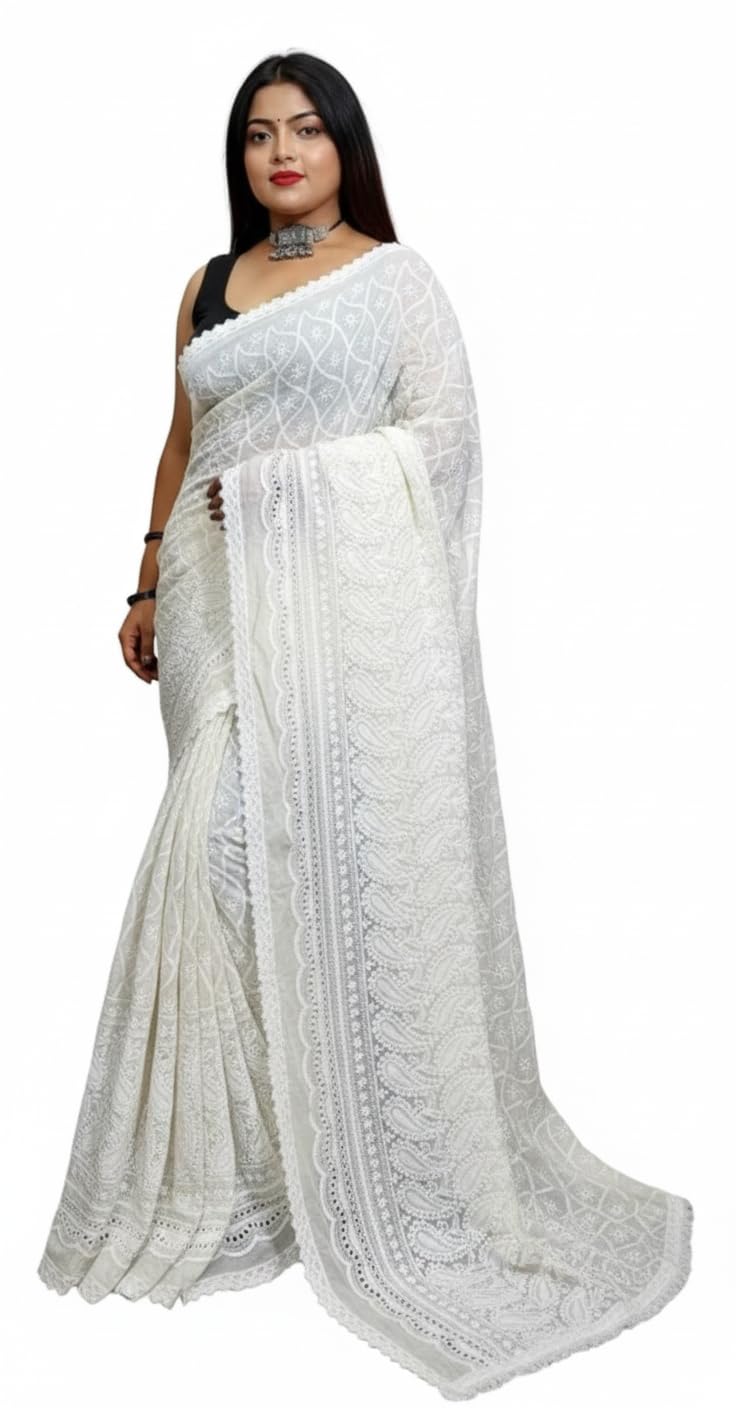 Embroidered Lucknow Chikankari Pure Cotton Saree, White, Traditional Indian Ethnic Wear-picture-32