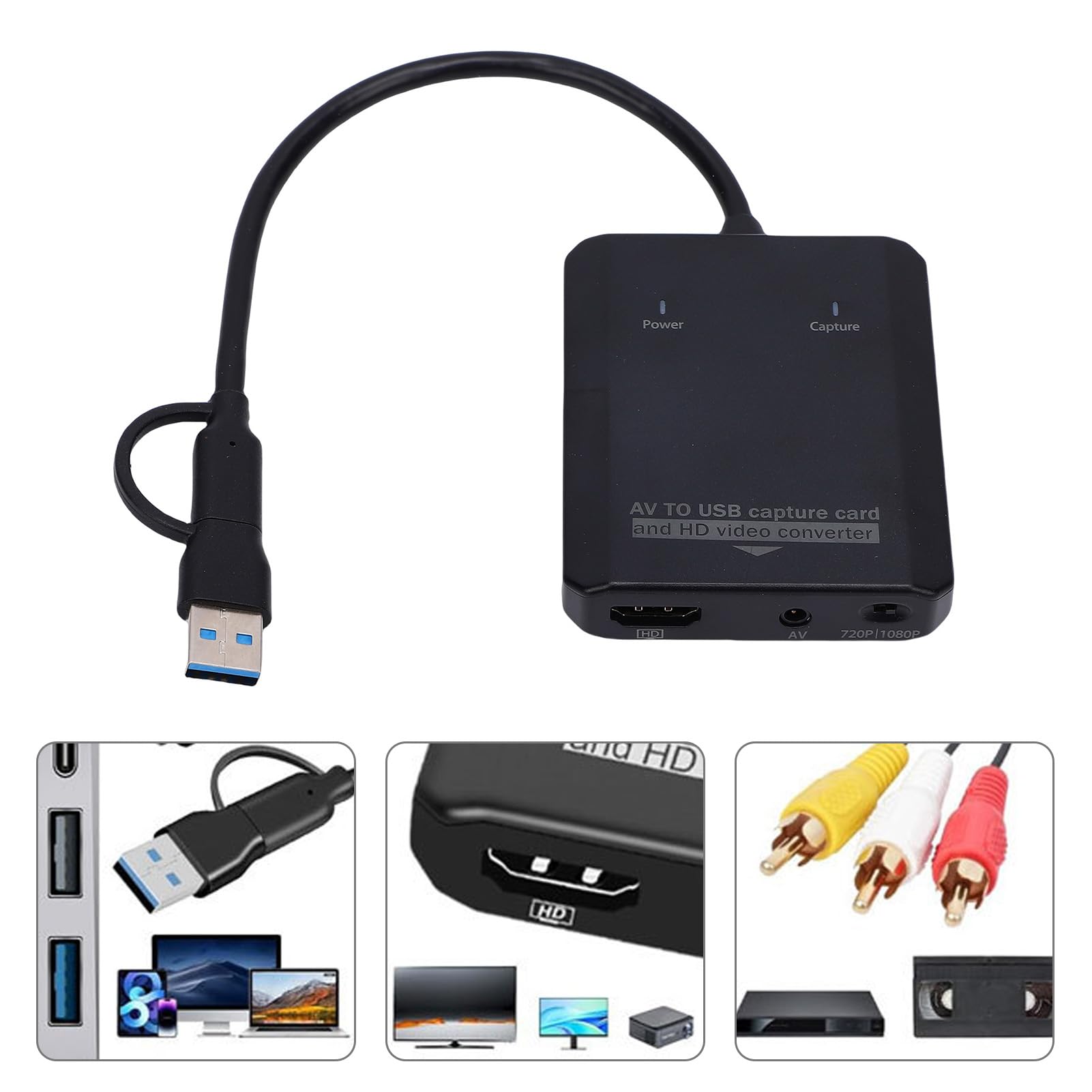 Convertidor VHS A Digital, Tarjeta de Captura de Vídeo USB con Interfaz Dual USB A y C, Convierte AV Analógico A 720P 1080P HD Multimedia para VCR DVD