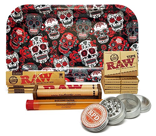 Bundle - 12 Items - Raw King Size Cigarette Rolling Papers (4 Packs), RAW Pre-Rolled Tips (4 Packs), RAW 110mm Roller with Rolling Paper Depot Rolling Tray (Skulls), Grinder and XL KewlTube