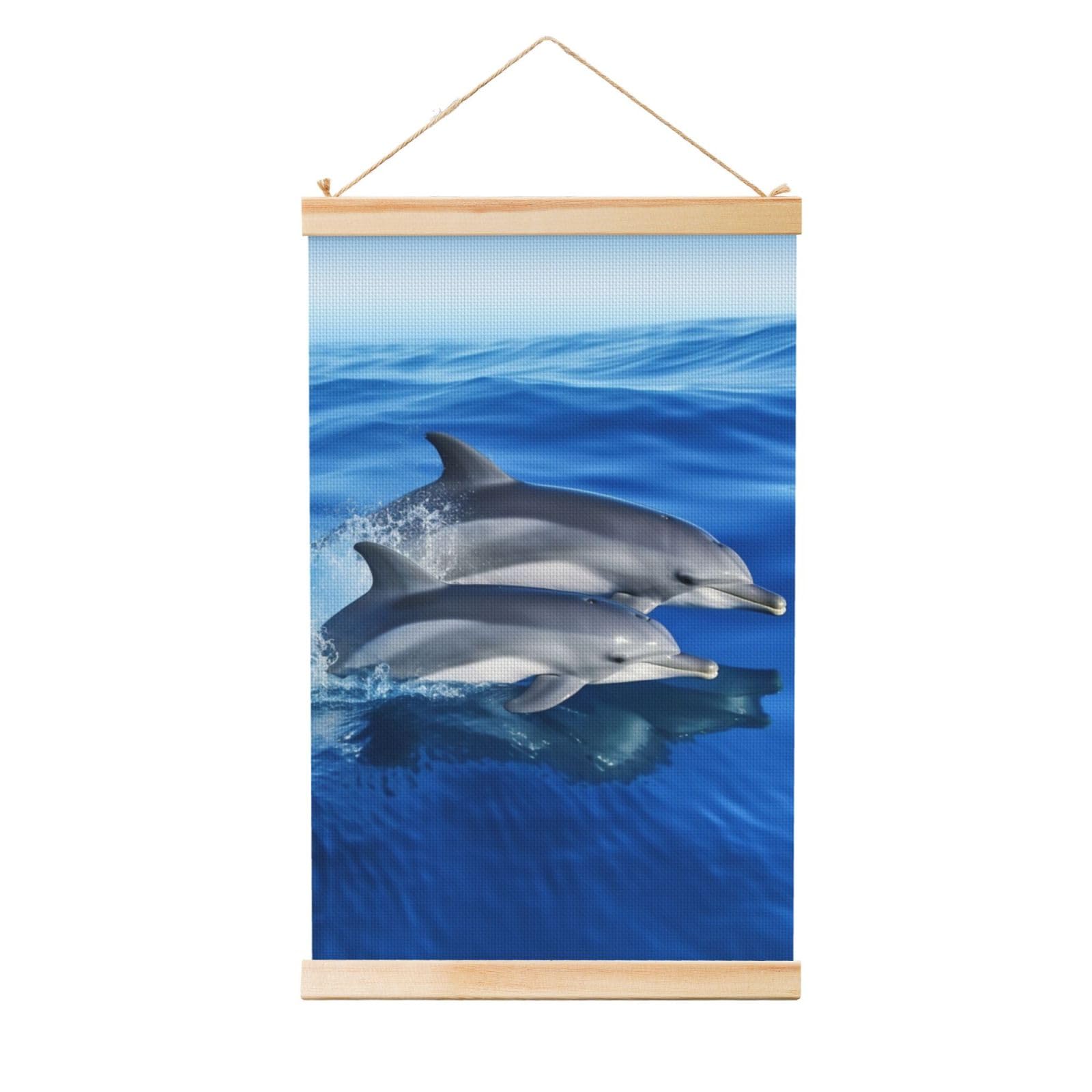 Dolphin Family Poster Wooden Shaft Hanging Poster Wall Hanging Banner Canvas Artwork with Wood Frames 16"x24" Modern Artwork Decor Ready to Hang Wall Art for Home Decor Scroll Painting