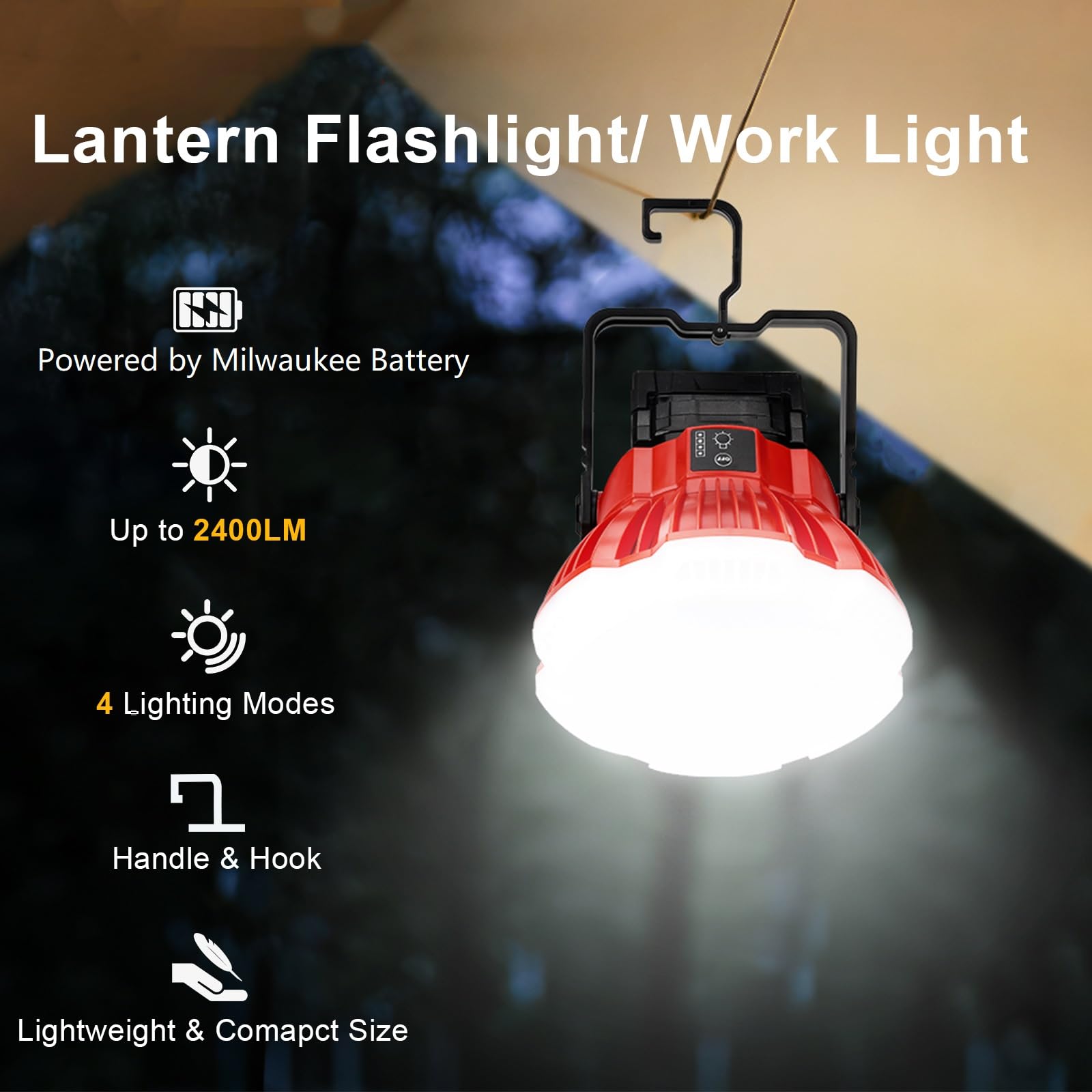 GRVODFRTA LED Camping Lantern Light Compatible with Milwaukee M18 18V Battery, 2400LM 3 Adjustable Brightness Cordless Portable LED Work Light Floodlight with Hook for Tent Jobsite Ceiling(No Battery)