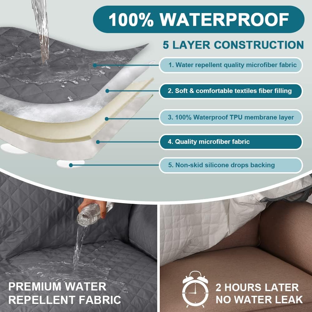 100% Waterproof Wing Chair Cover – Triple Non-Slip Armchair Slipcover,Furniture Protector for Pets, Kids & Dogs (Fits Wingback Chairs, Sofas) (Grey)