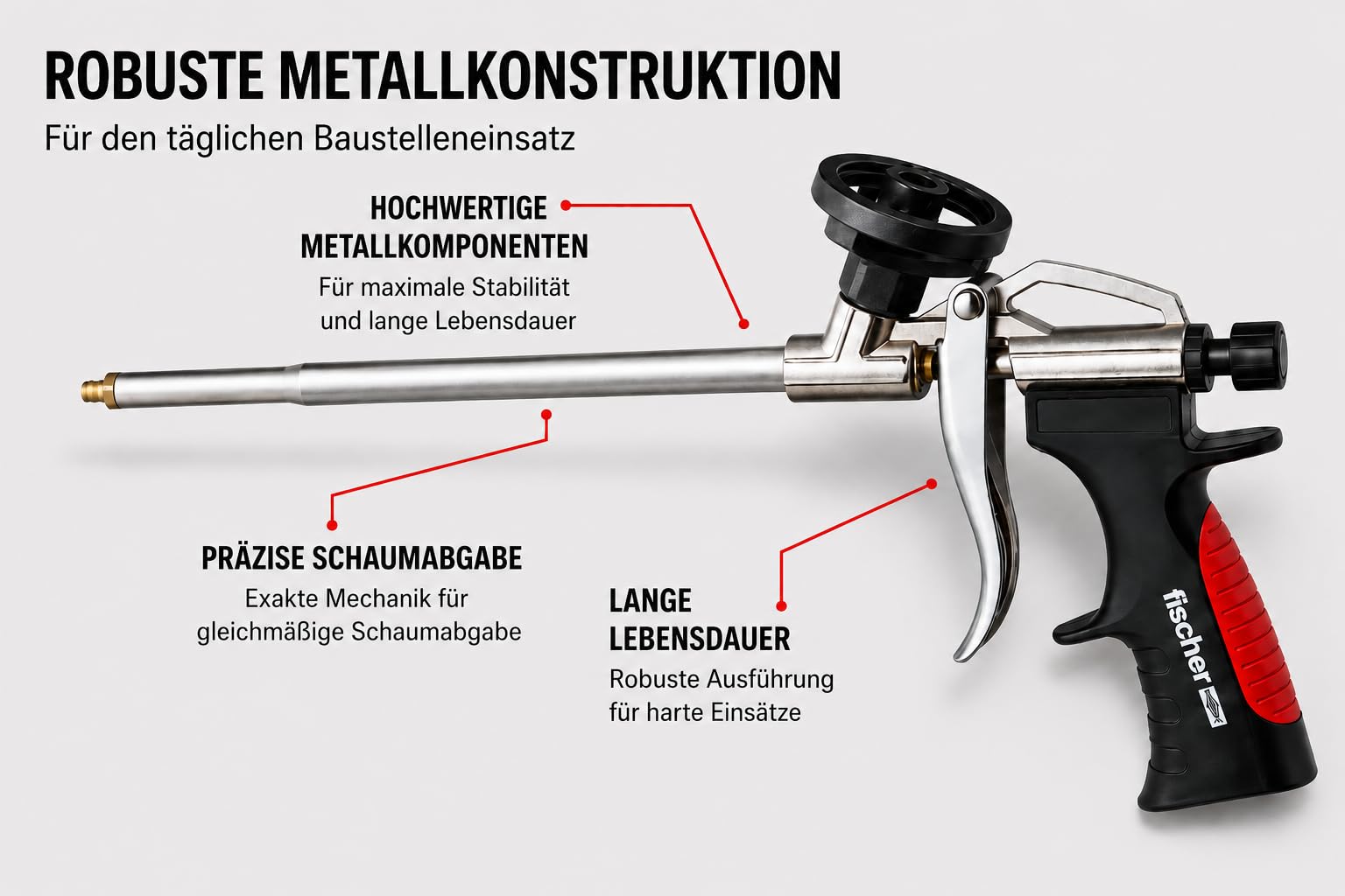 Pistola in metallo PUP M 3 Fischer | Pistola a schiuma | per schiume per pistola 1K | pistola a schiuma robusta per schiume PU | durevole in metallo | rossa | pistola per schiuma da costruzione per