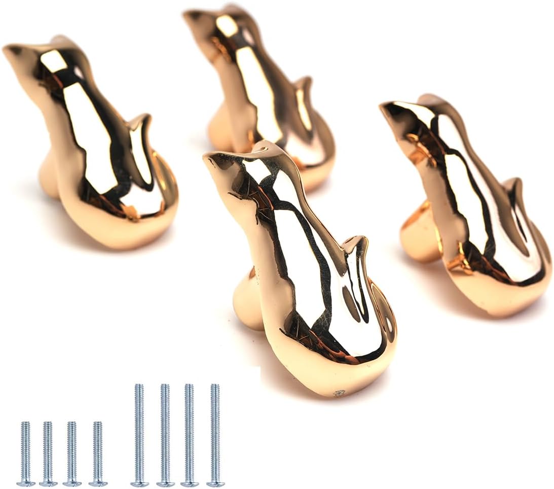 Set of 4 Kittens Cats Cabinet Knobs Bathroom Drawer Handle Kitchen Cupboard Metal Pulls Handles, Home Funiture Décor (D-Gold)