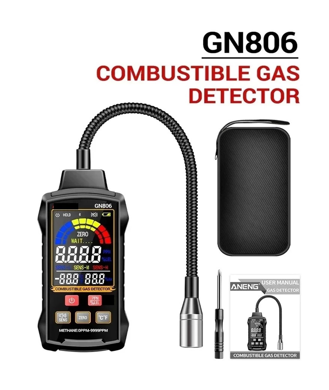 Detector de Gases, Detector de Fugas Gas, analizador, metano, inflamable, 9999 PPM, Combustible Natural, probador, Pantalla LCD, Alarma Sonora y Luminosa, LEL