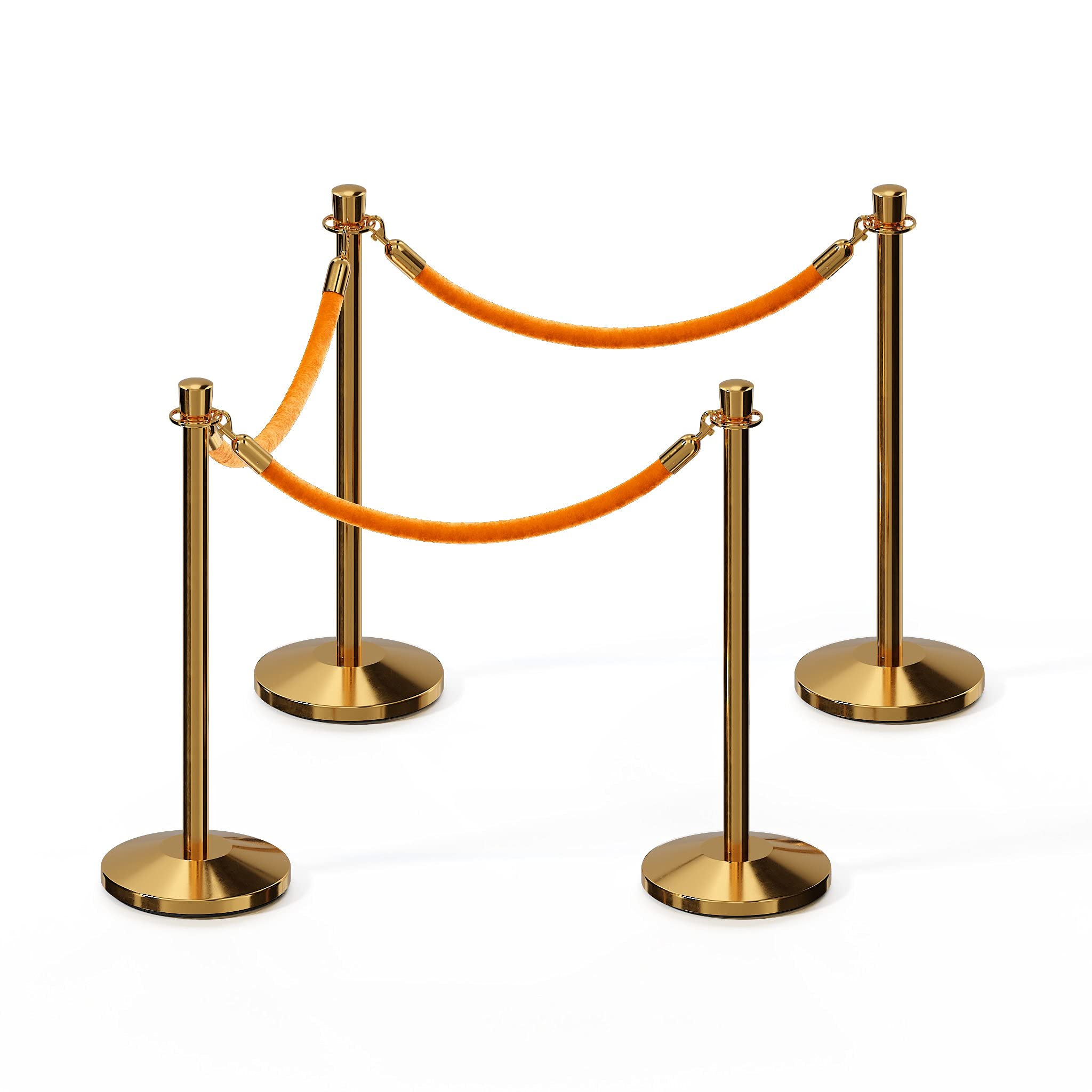 CCW Post and Rope Stanchion Kit with 4 Polished Brass Crown Top Posts and 3 Gold Heavy Duty Velvet Cotton Core Ropes (6ft.Each) in Polished Brass Snap Ends