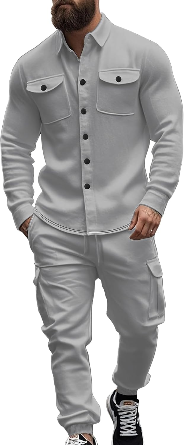Men's Fleece Cargo Jacket Tracksuit Set 2 Pieces Solid Color Long Sleeve Button up Jacket and Cargo Pants Set