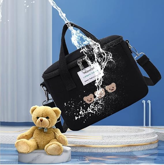 Kawaii Lunch Bag Cute Bears Lunch Box Reusable Thermal Cooler Lunch Tote Bag for Back to School Supplies (Black)