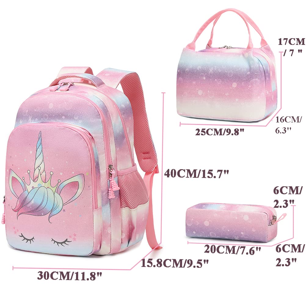 Kimwadalh Zaino Ragazza Zaini per la Scuola Primaria Borsa da Scuola per Ragazza Multicolor Schoolbag Ragazze Sacchetti di scuola Set di 3 Pezzi Zaini Glitterati + Astucci+ Borsa Lunch