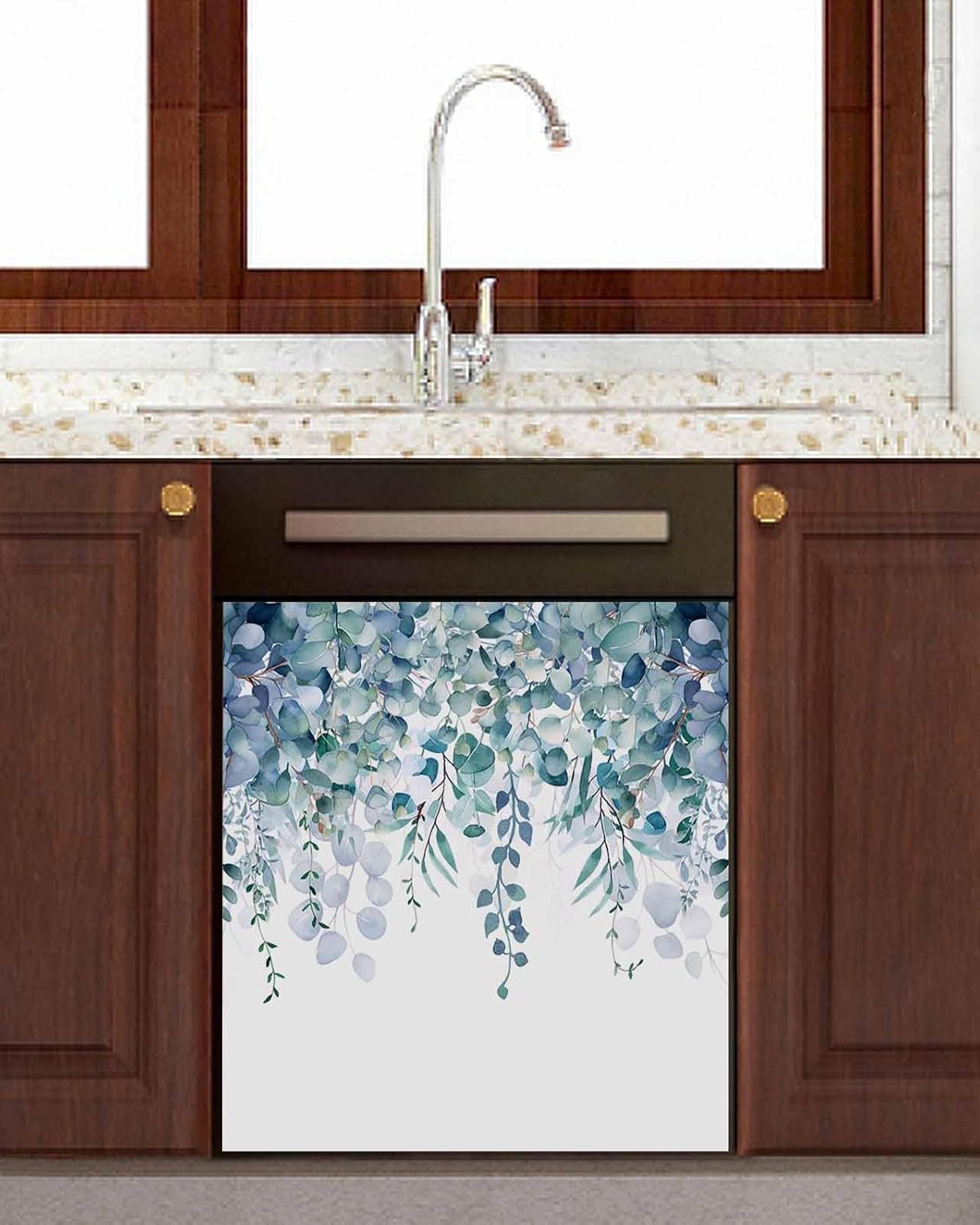 Dishwasher Magnetic Cover, Teal Eucalyptus Leaves Retro Plant Leaf Magnet Dishwasher Door Cover Refrigerator Decal Panel Kitchen Appliances Decor Stickers, Easy Clean, 23" Wx26 H