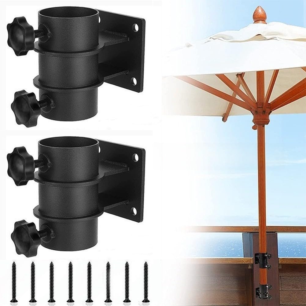 Supporto per ombrellone da giardino, regolabile, per pali da 3,3-5,3 cm, staffa angolare in ferro resistente con 2 morsetti per ringhiera, asta o area barbecue, nero, confezione da 2