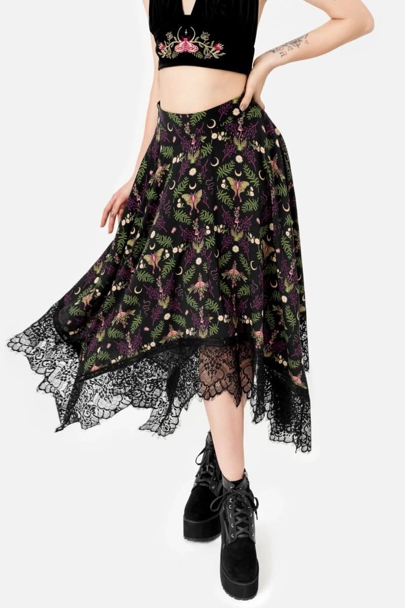 Restyle Gonna Midi Wilderwood con Stampa Botanica Gotica e Pizzo Witchcore