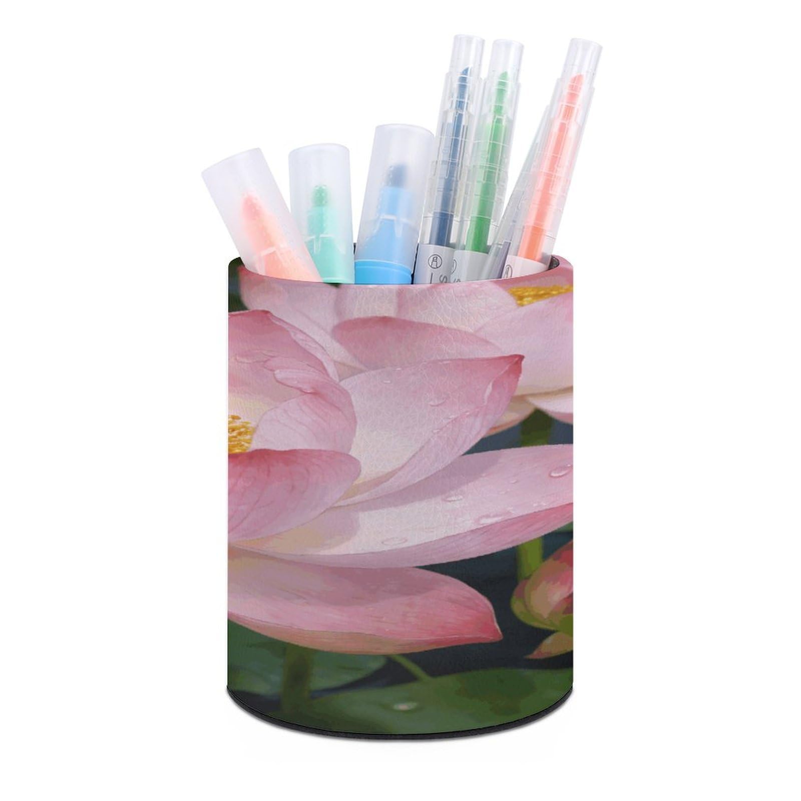 LZQPOEAS - Clear Lotus Holder with Dew Pen Holder for Desk Organizer, Modern Minimalist Pen Storage Case Round PU Leather