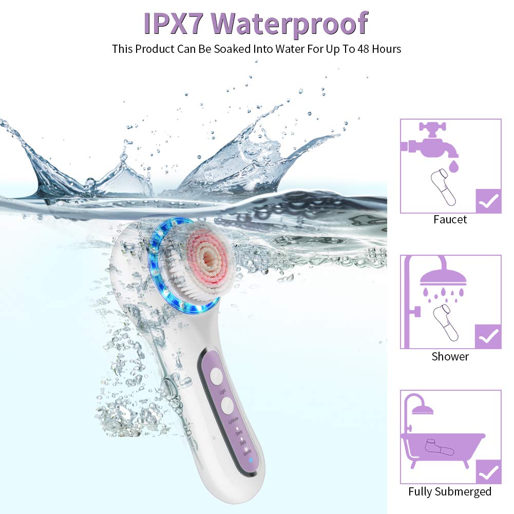 YORMICK Electric Facial Cleansing Brush,Rechargeable IPX7 Waterproof with 3 Modes, 5 Brush Heads for Exfoliating, Massaging and Makeup Blending (Purple) : Beauty & Personal Care