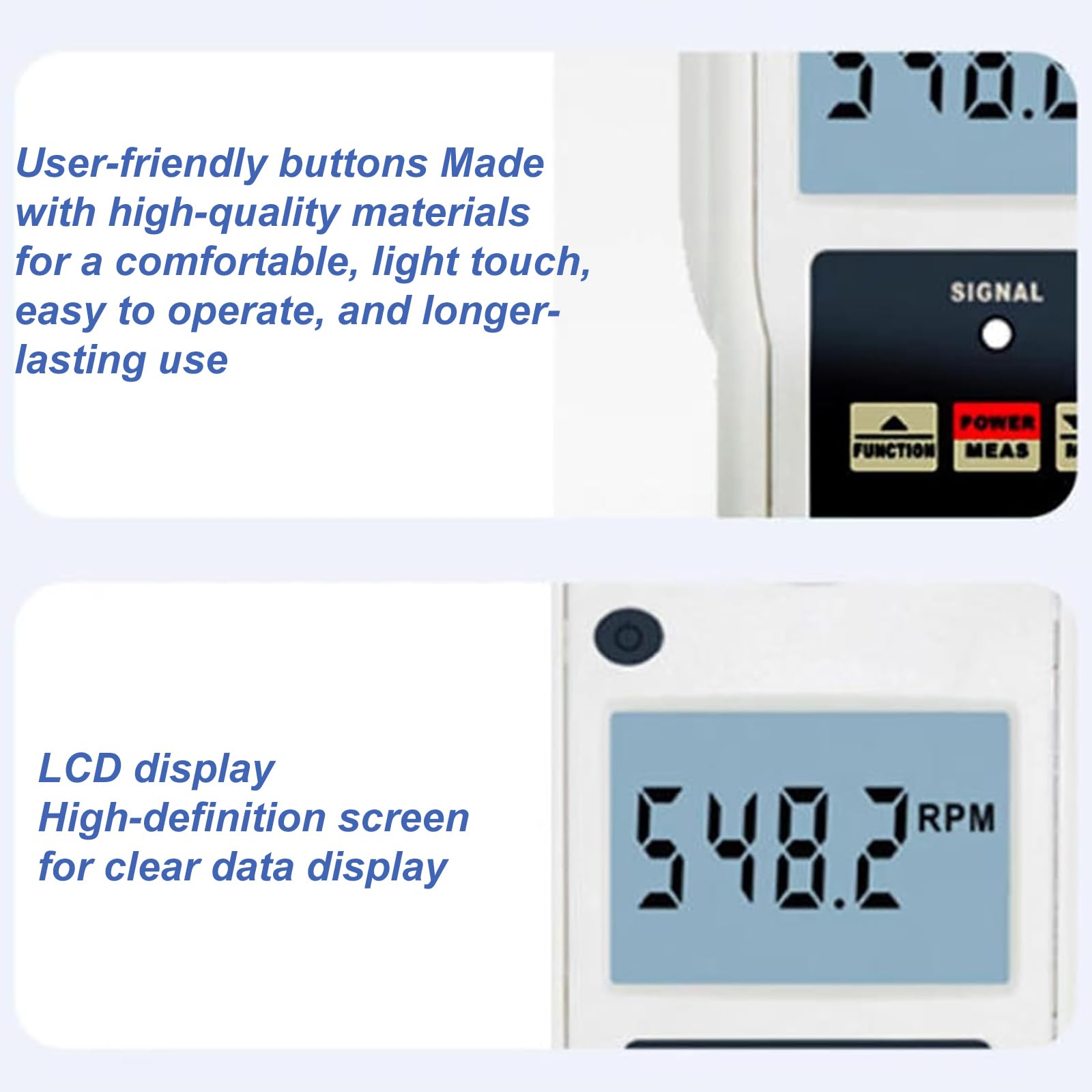 Tacómetro Inteligente, Comprobador De RPM Sin Contacto con Pantalla LCD, 3 Rangos De Medición: Láser, Contacto Y Velocidad Lineal, Función De Memoria Automática, para Plásticos