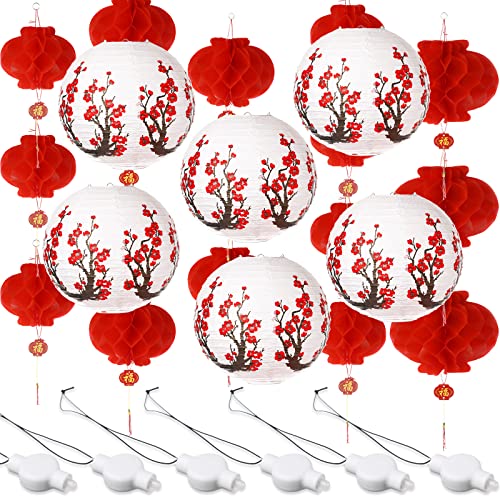 Tuanse 30 Pcs LED Chinese New Year Lantern Decoration Include Cherry Flower Japanese Red Paper Lanterns LED Hanging Lights for Lunar New Year Spring Festival(12 Inch,Red)