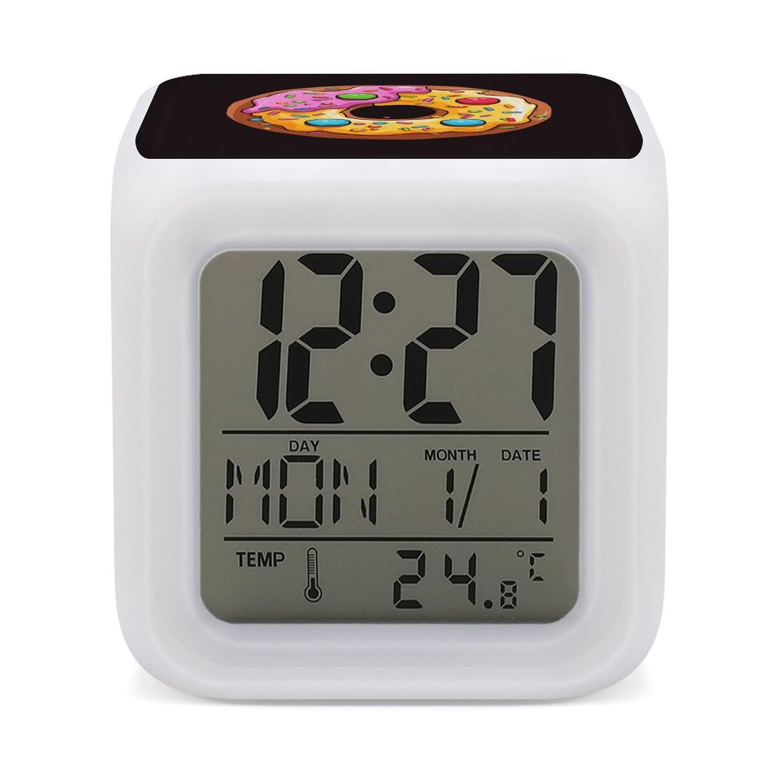JTREHY 7 Color Changing LED Digital Alarm Clock,Donut Printed Wake-up Clock with Temperature Display Home Decoration Alarm Clock for Bedroom Office