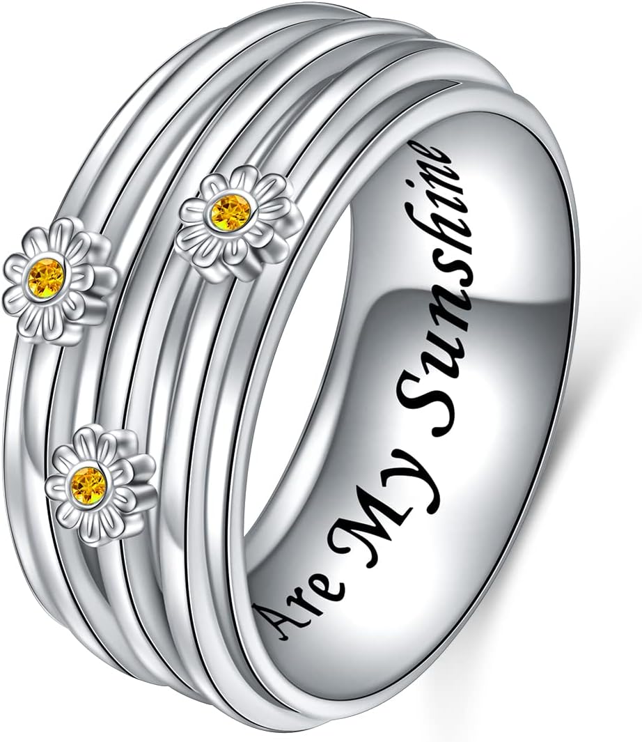 Daisy Anxiety Relieve Spinner Rings You Are My Sunshine Flower Fidget Ring Sterling Silver ADHD Stress Relieving Ring for Women