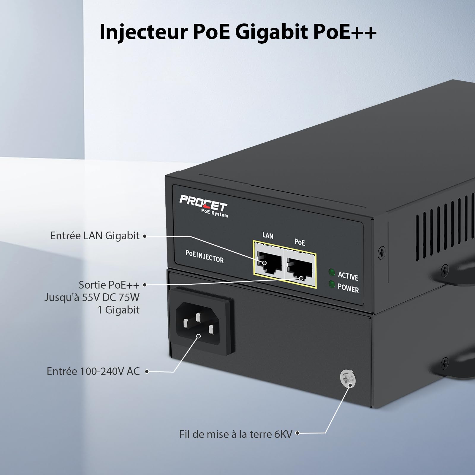 PROCET Injecteur PoE jusqu'à 75W Gigabit PoE++, Plage de températures étendue de -40°C à 65°C pour caméras PTZ/CCTV, Points d'accès UniFi/Cisco, Station de Base, usines Intelligente