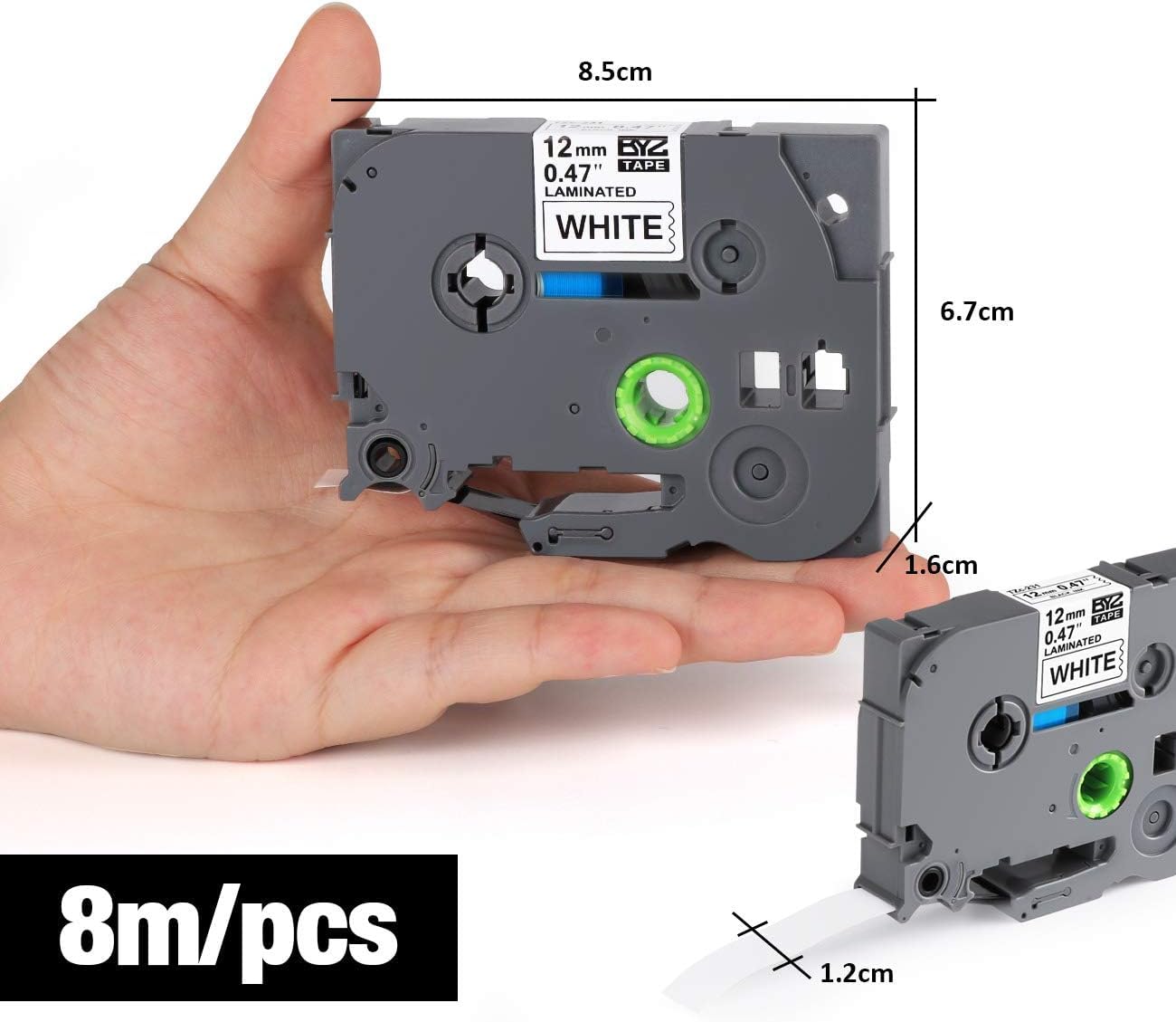 Ruban Étiqueteuse Cassette 12mm x 8m Noir sur Blanc Compatible Brother P-Touch PT-E100 PT-E200