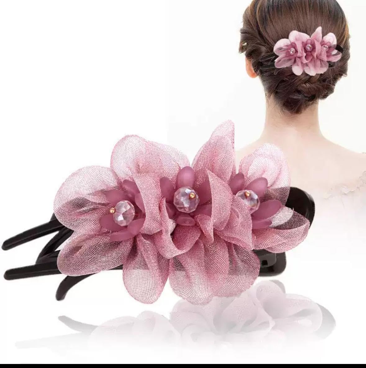 Miss Lirenn® 03 PCS Elegant Floral Hair Clip with Crystal Accents, Black Duck Clips, Hair Accessory for Girls & Womens, 9 cm, Multi-Colour Pack (Pink)