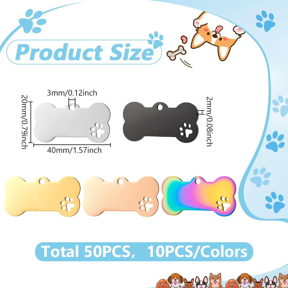 50Pcs d'étiquettes vierges pour chiens à graver, étiquettes en forme d'os de 40 mm avec pendentifs en forme de patte pour chats, breloques à estamper pour petits et grands animaux, DIY