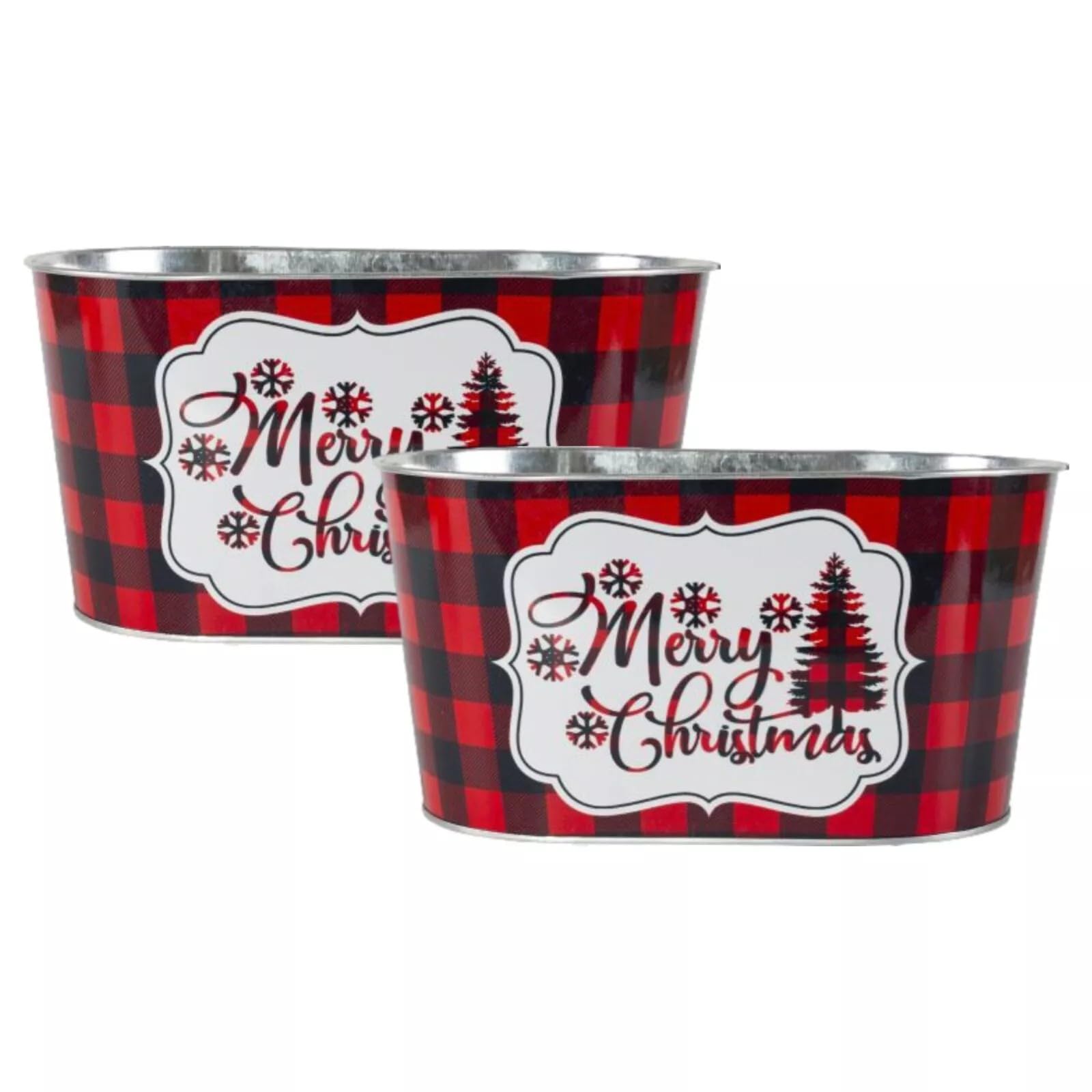Fyne-Finds Multicolour Set Of 2 Metal Tin Trough 25Cm, 10Inch Pot Merry Christmas Chequred Festive Gift Xmas Planter
