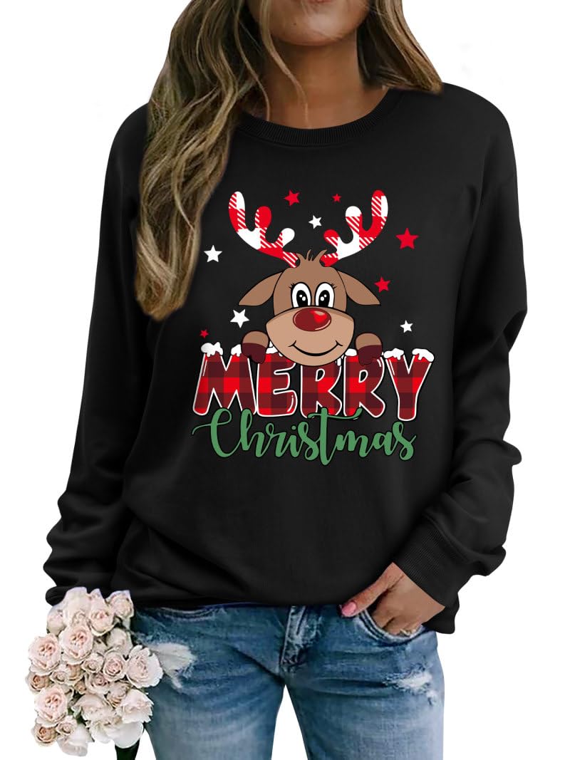 Yihelian Damen Weihnachtspullover Baumwolle Rentier Sweatshirt | Baumwollmischung mit Fleece,Festliches Oberteil,süßes Rentier-Motiv, ideal für Weihnachtsmarkt & Nikolausgeschenk