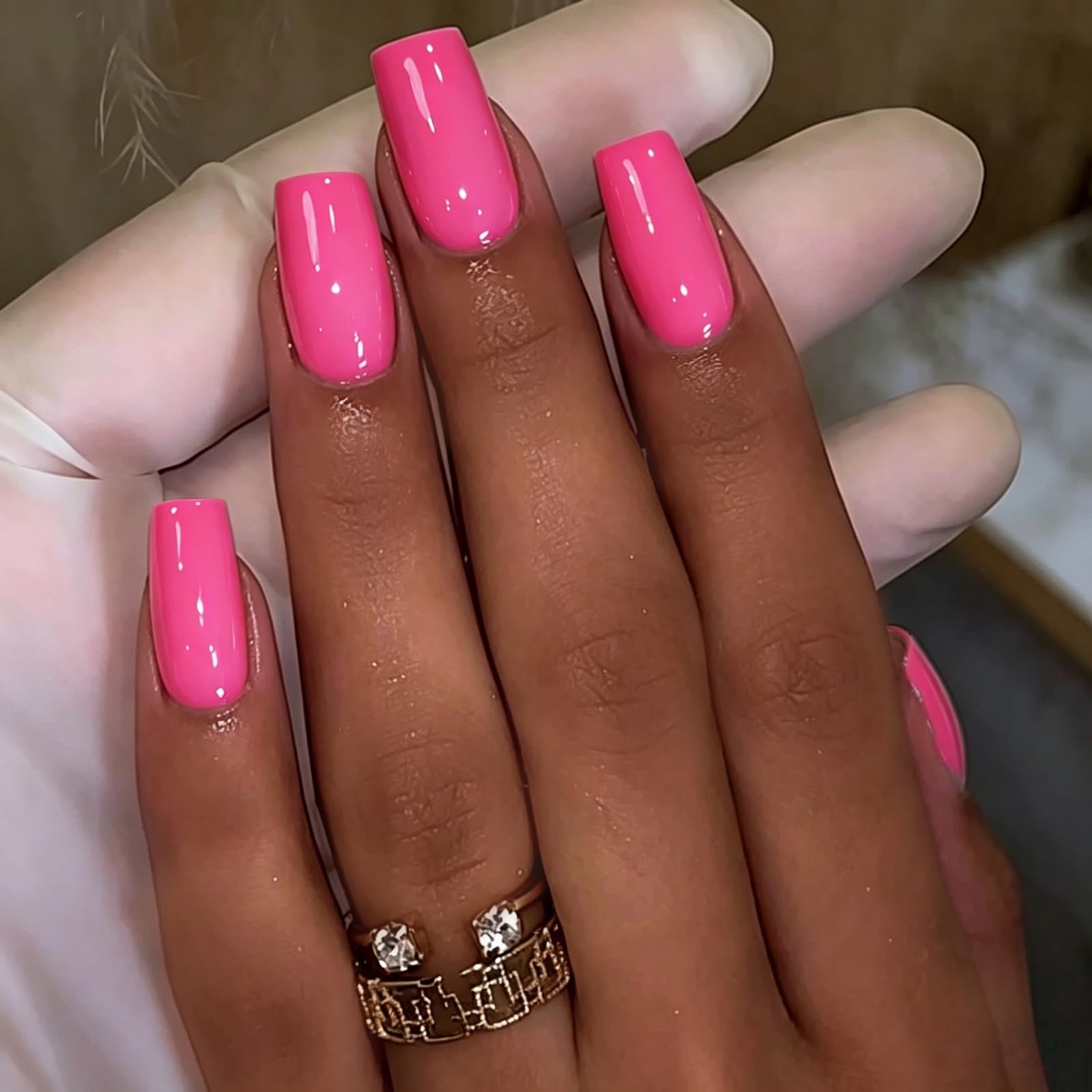 Photo 1 of KQueenest Hot Pink Press On Nails Long Square - Summer Press On Nails Medium Coffin, Bright Neon Pink Fake Nails with Glue, Vibrant Glossy, Reusable Soft Gel Glue on Nails for Manicure Gift, 24 Pcs