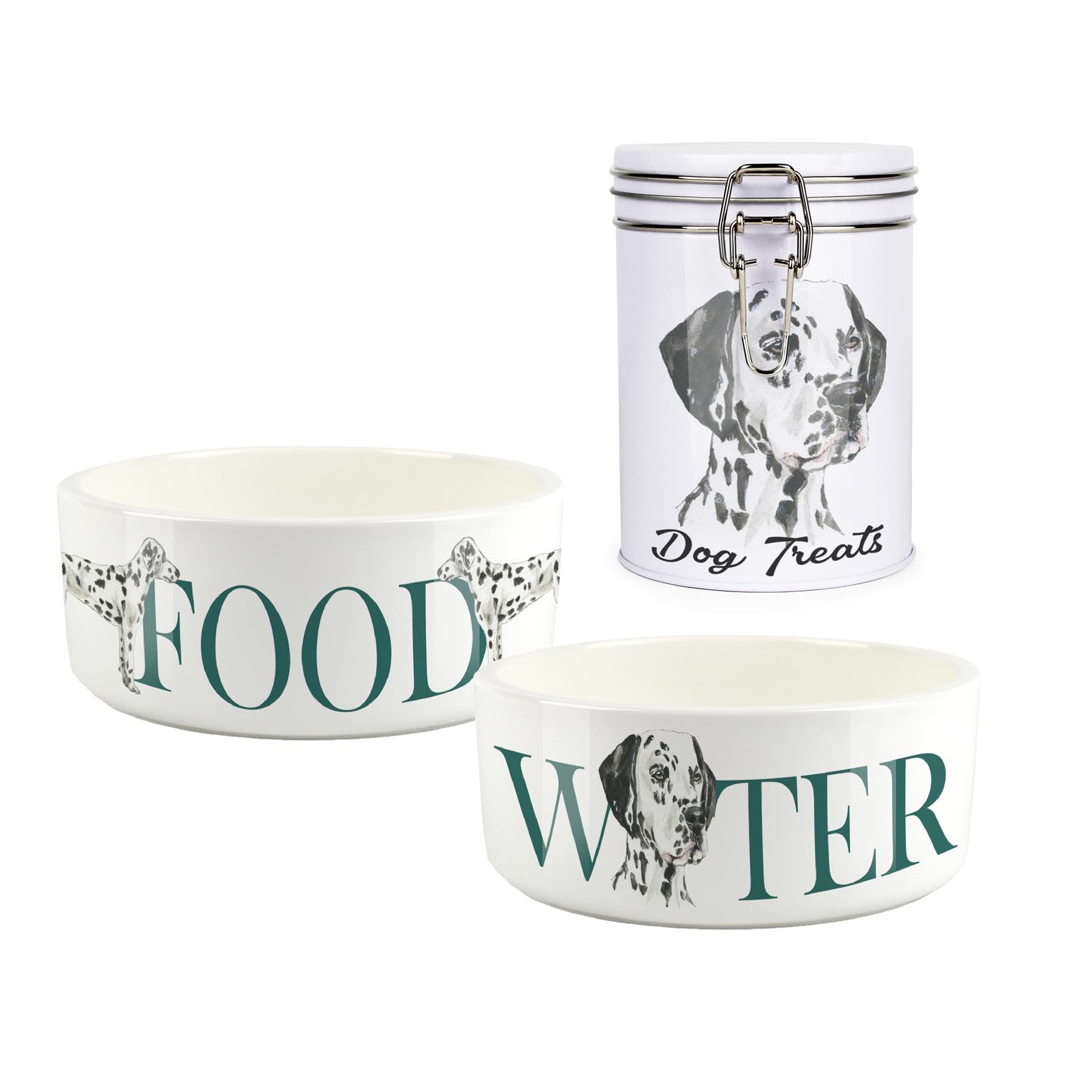 Dalmatian Pet Bowls & Treats Canister Set - Painted Dog Portraits by Rhiannon Chauncey - Large White Ceramic Food & Water Dishes and Clip-Lid Tinplate Canister For Dogs (Set of 3)