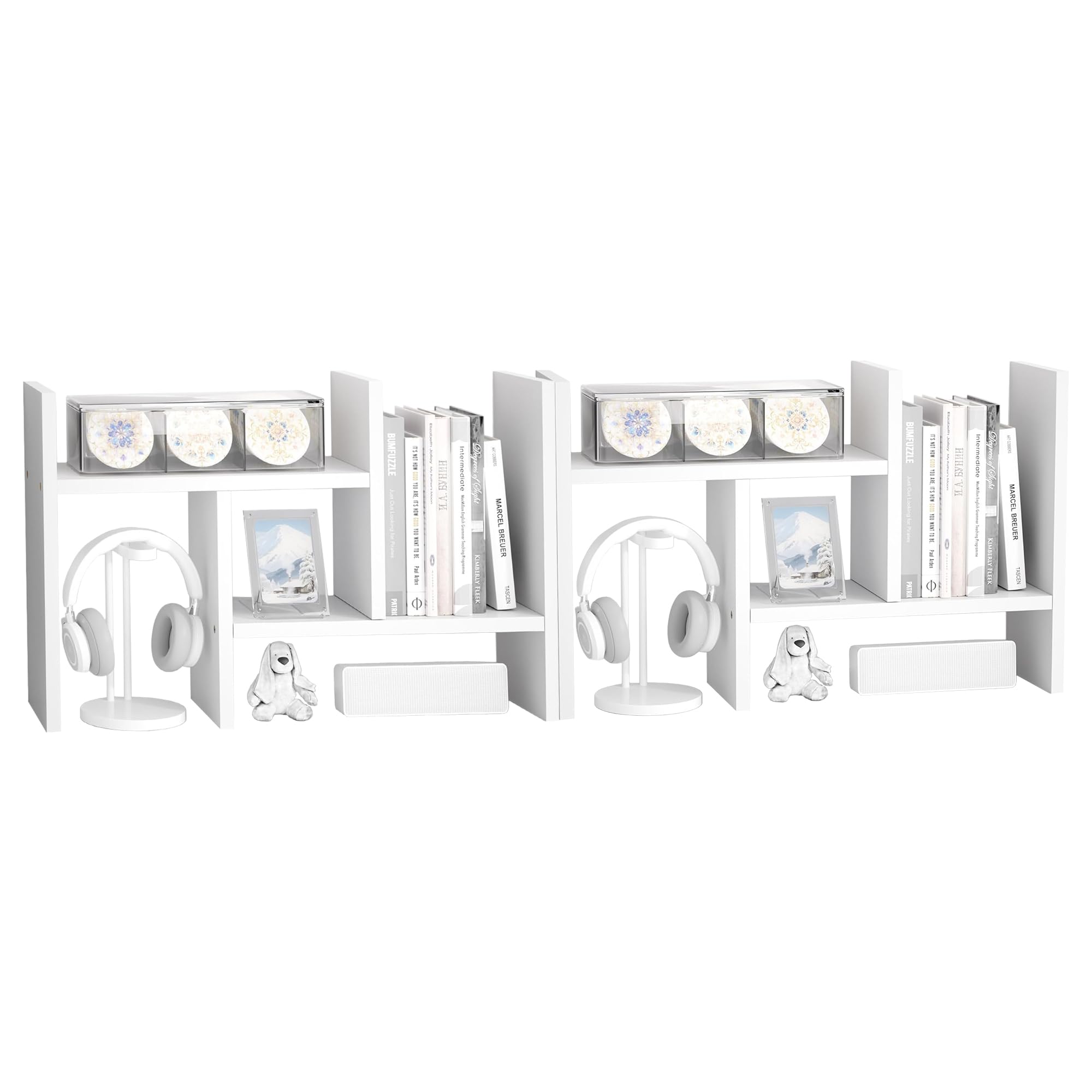 Jerry &amp; Maggie Desktop Organizer Office Storage Rack Adjustable Wood Display Shelf Free Style Double H, Multi-Functional Mini Bookshelf for Desk Natural Stand (White/2 Pack)