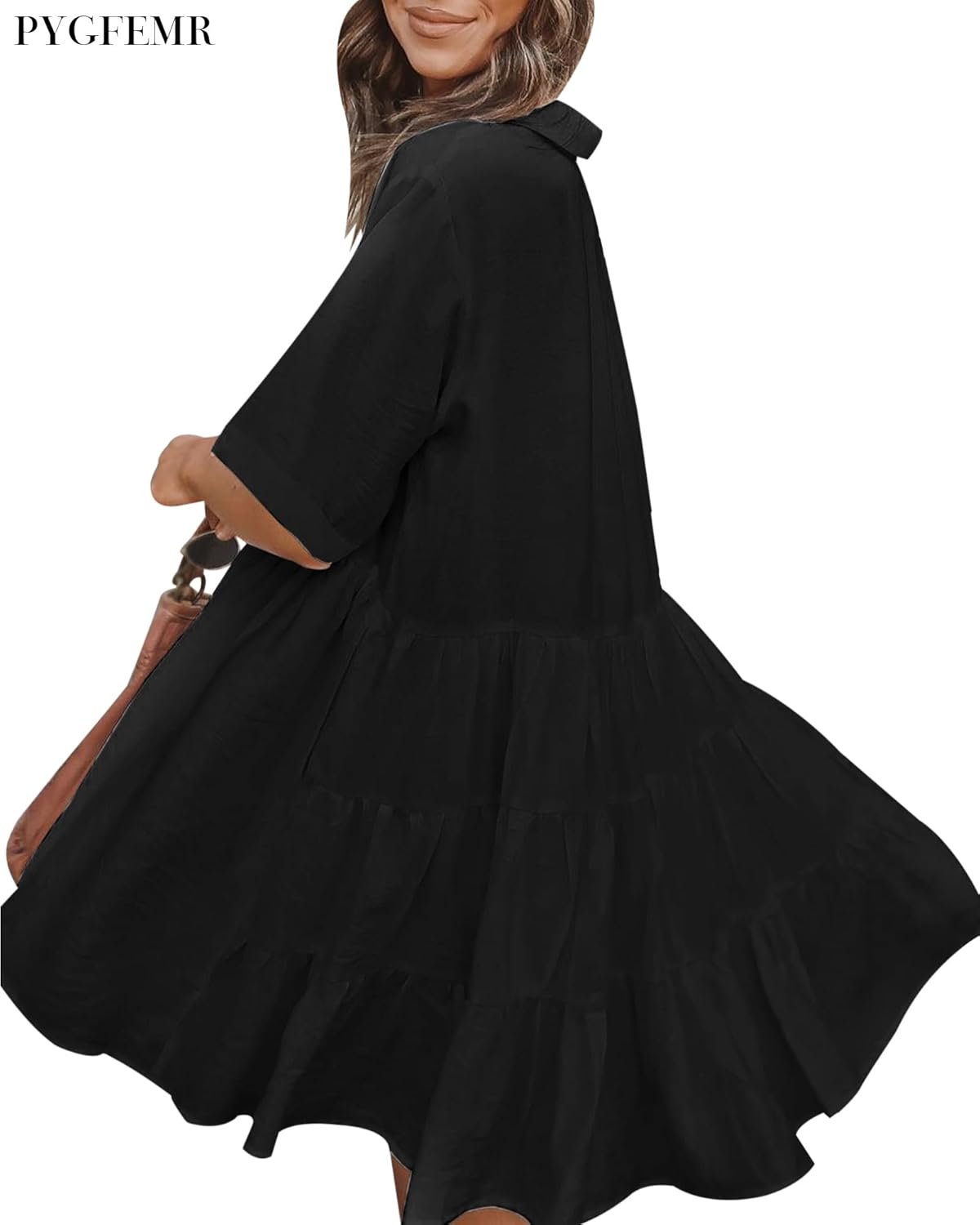 PYGFEMR Women's Short Sleeve Babydoll Dress Button Down Dresses with Pockets - Image 4