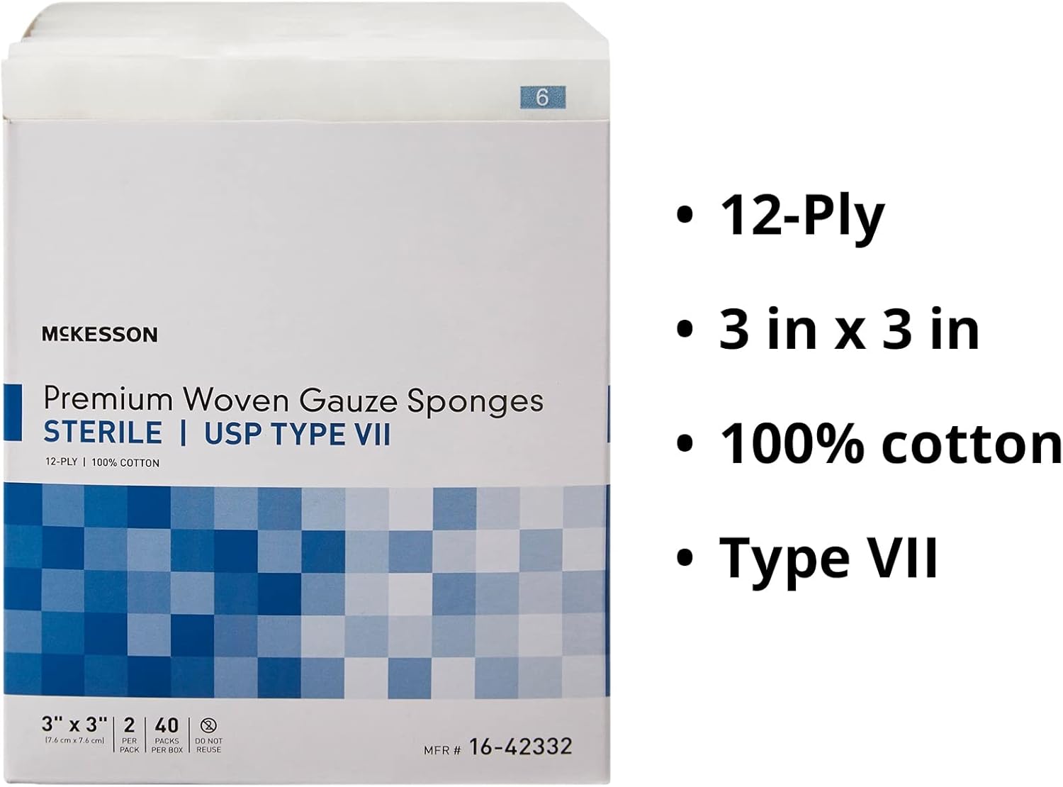 McKesson Premium Woven Gauze Sponges, Sterile, 12-Ply, USP Type VII, 100% Cotton, 3 in x 3 in, 2 per Pack (3"x3", 2400, Count)