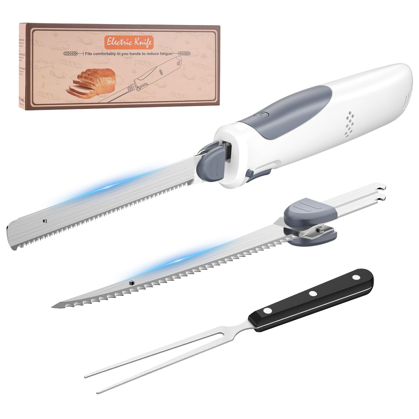 HK cordless electric carving knife with blades, storage case, and turkey fork