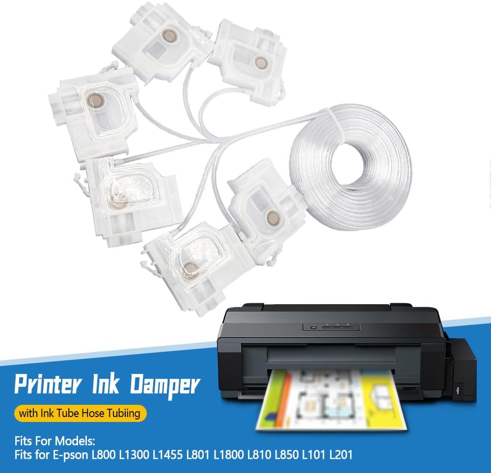 Printer Ink Damper Compatible with E-pson L800 L1300 L1455 L801 L1800 L810 L850 L101 L201 Printer, Ink Damper Dumper with Ink Tube Hose Tubiing