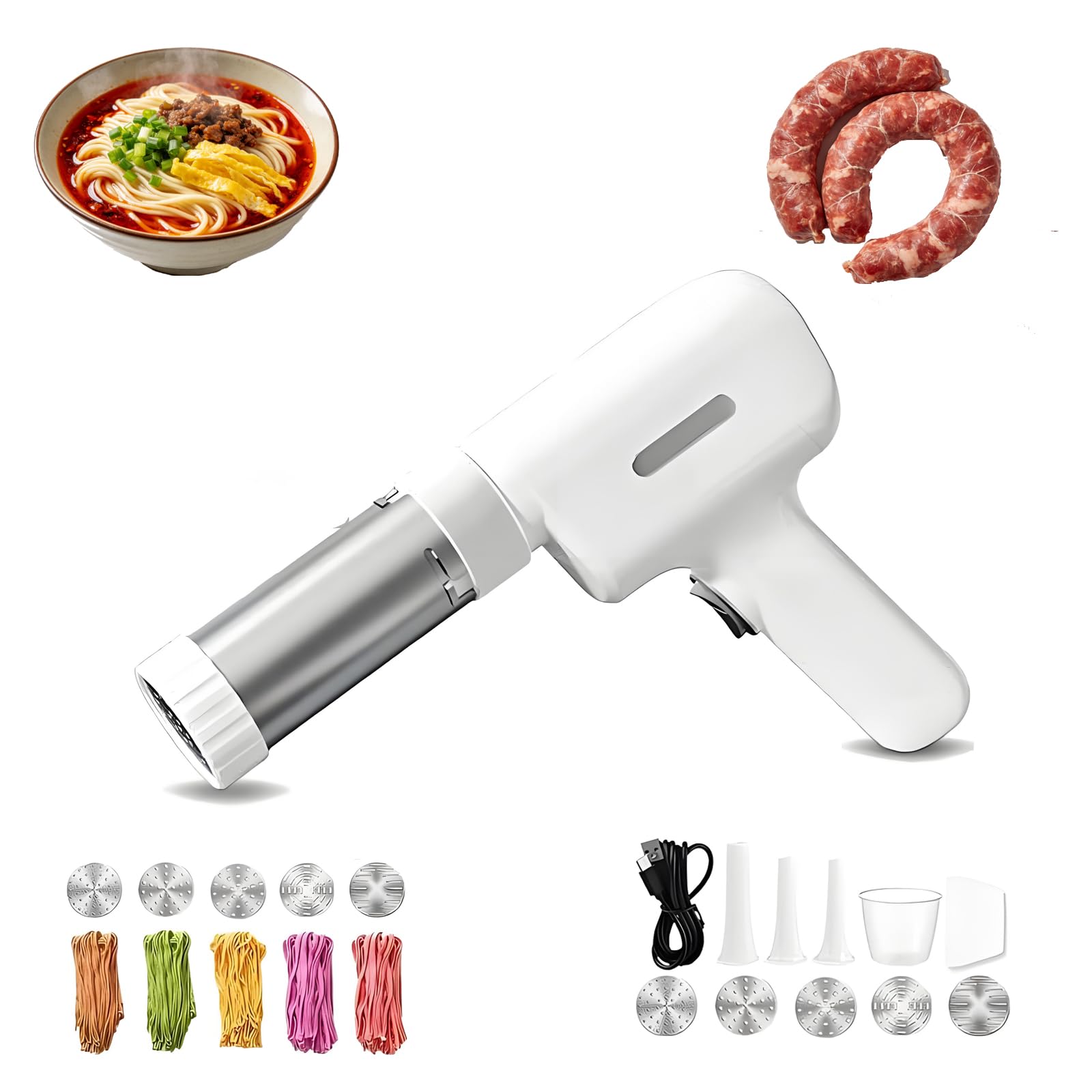 Electric Idiyappam Maker, Cordless 5 in 1 Handheld Pasta Maker Machine, Automatic String Hopper Press for Spaghetti Linguine Sausage, Easy Cleaning Household Use
