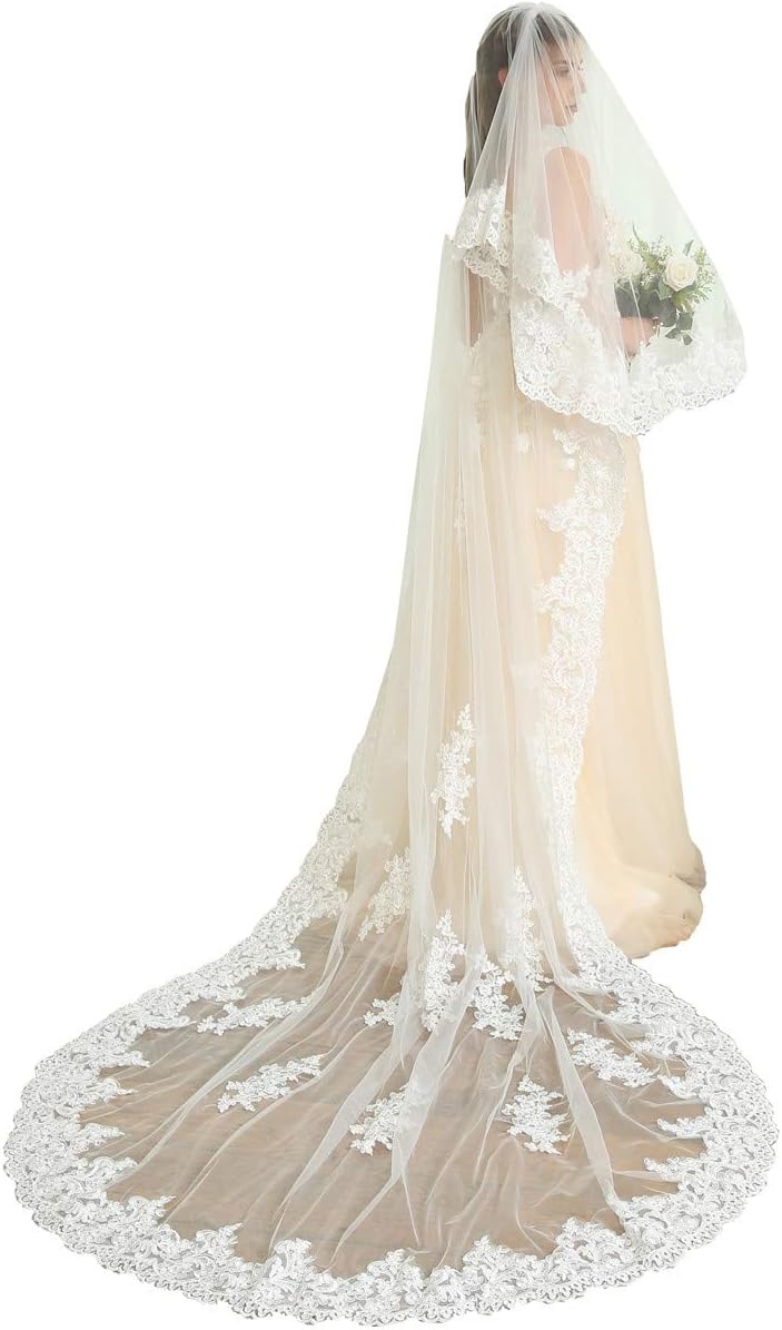 Kelaixiang2T 2 Tiers Lace Edge Wedding Veil Cathedral Length Bridal Ivory Veil with Comb