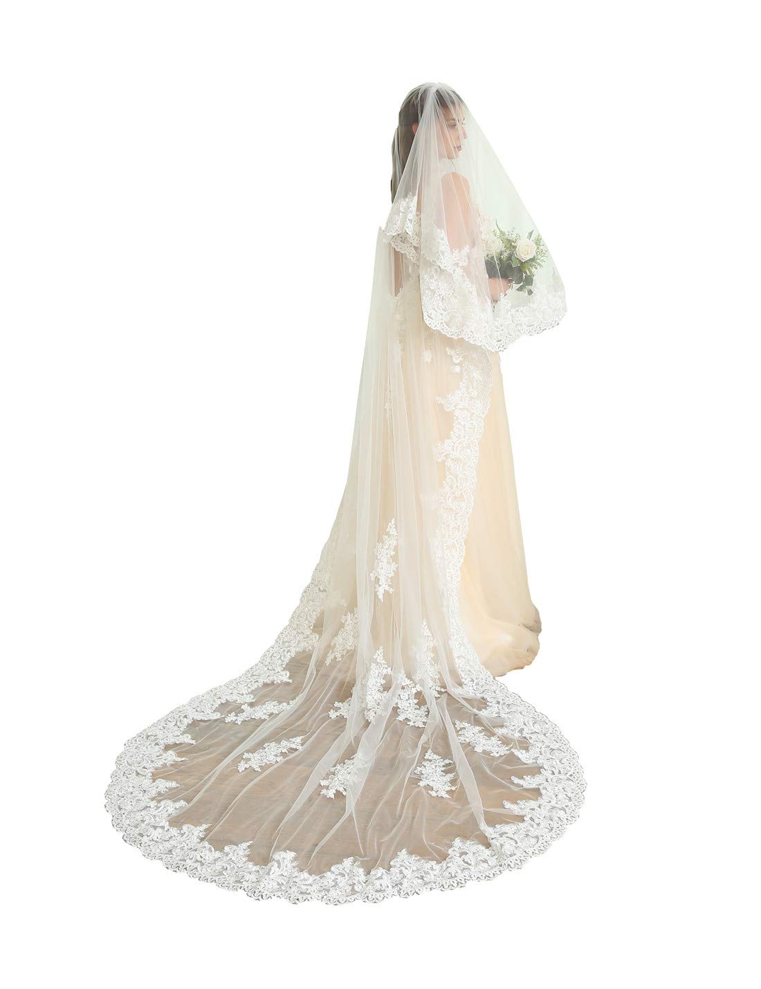 Kelaixiang2T 2 Tiers Lace Edge Wedding Veil Cathedral Length Bridal Ivory Veil with Comb