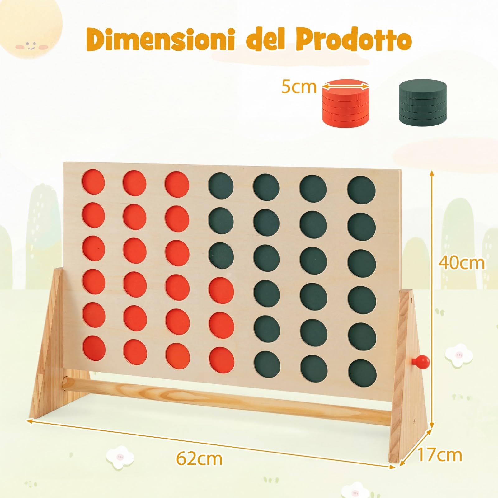 COSTWAY Forza 4 con 42 Pedine e Cornice in Legno di Pino, Gioco 4 in Linea da Interno ed Esterno, Gioco da Tavolo per Famiglia, Bambini, Adolescenti e Adulti
