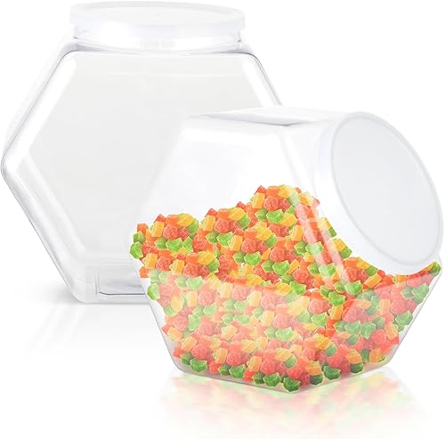 Tarros de plástico para dulces de 129 onzas, 2 paquetes de tarros hexagonales para galletas con tapa a presión, recipientes transparentes para