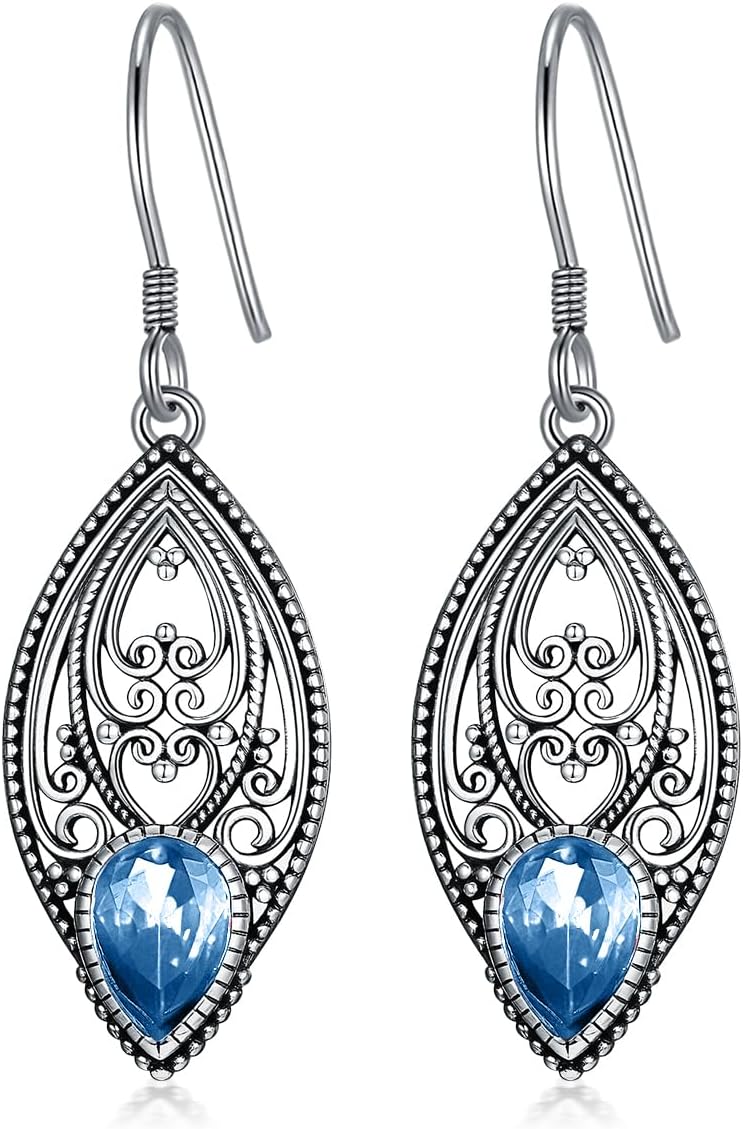 925 Sterling Silver Vintage Oxidized Filigree Dangle Drop Earrings with 7mm Teardrop 12 Months Birthstone Jewelry Gifts for Women