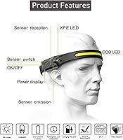Vista 2 de Linterna frontal recargable, lámpara de cabeza de haz ancho de 230° LED con sensor de movimiento para adultos, luz de casco duro, faro impermeable