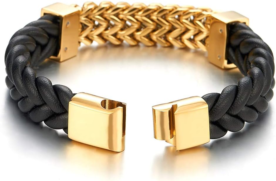 COOLSTEELANDBEYOND New Men Steel Gold Color Franco Box Chain Black Genuine Braided Leather Bracelet with Magnetic Clasp - Image 4
