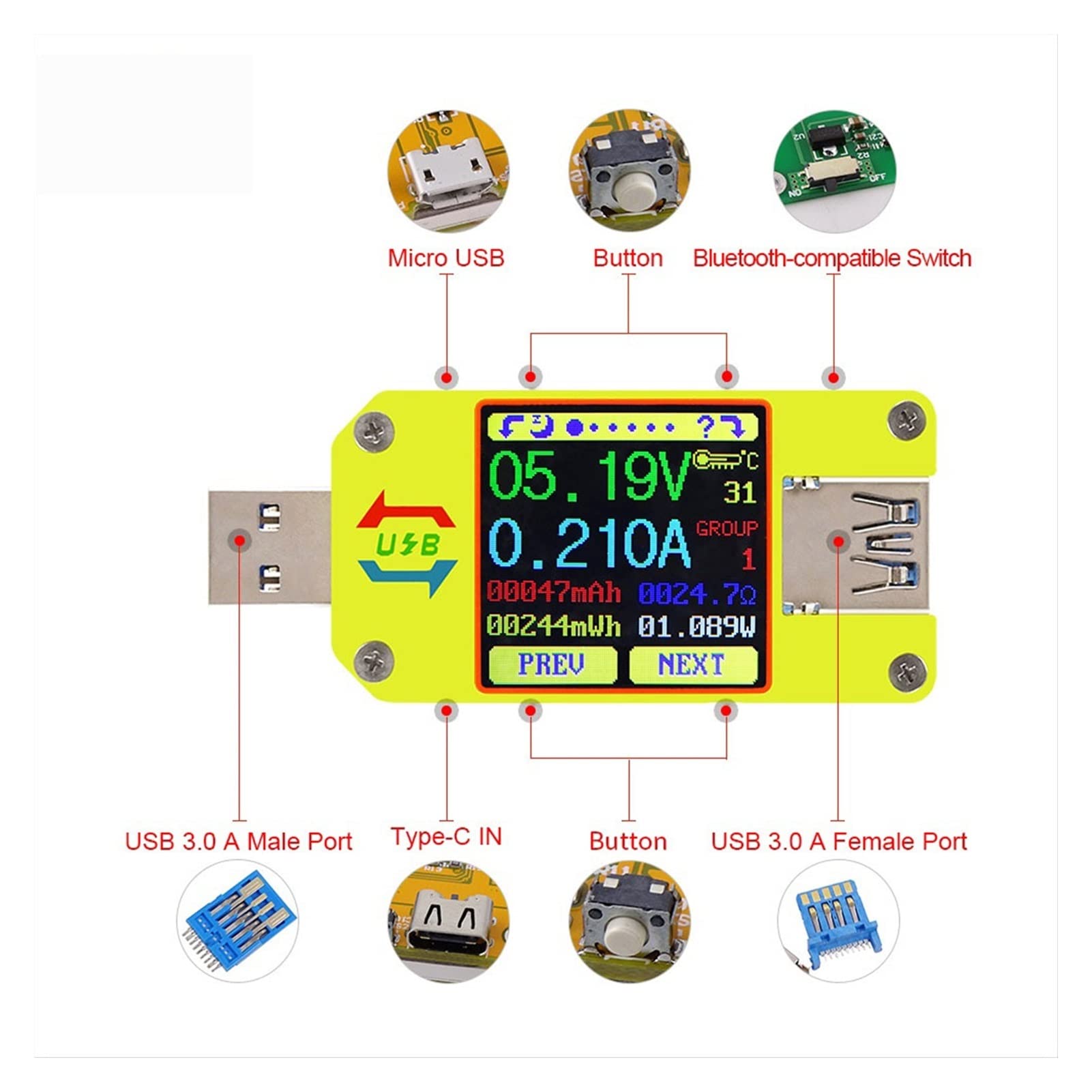 Urządzenie pomiarowe tester USB Rd um34 um34c. dla Aplikacja USB 3.0. Rodzaj -CDC Napięcie AMMETER VOLTMETER Miernik Aktualny miernik naładowania baterii Tester oporności na kabel(UM34C and HD35)