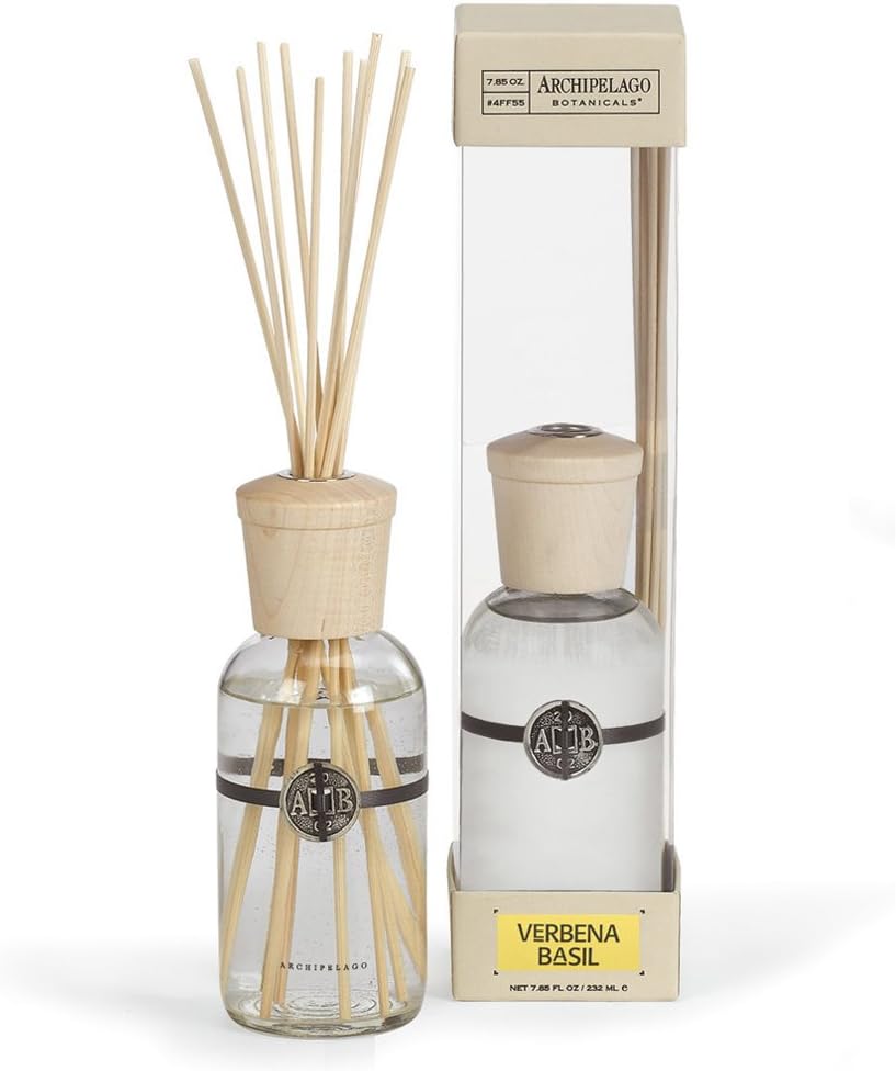 Archipelago BotanicalsVerbena Basil Reed Diffuser, Home Fragrance Reed Diffuser, Includes Fragrance Oil, Decorative Wooden Cap & 10 Diffuser Reeds, Perfect for Home, Office or Gift, 7.85 fl oz